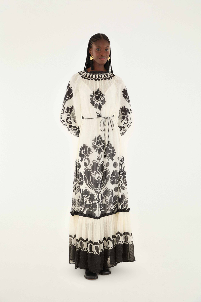 Cream Floral Arabesque Rope Belt Maxi Dress 1
