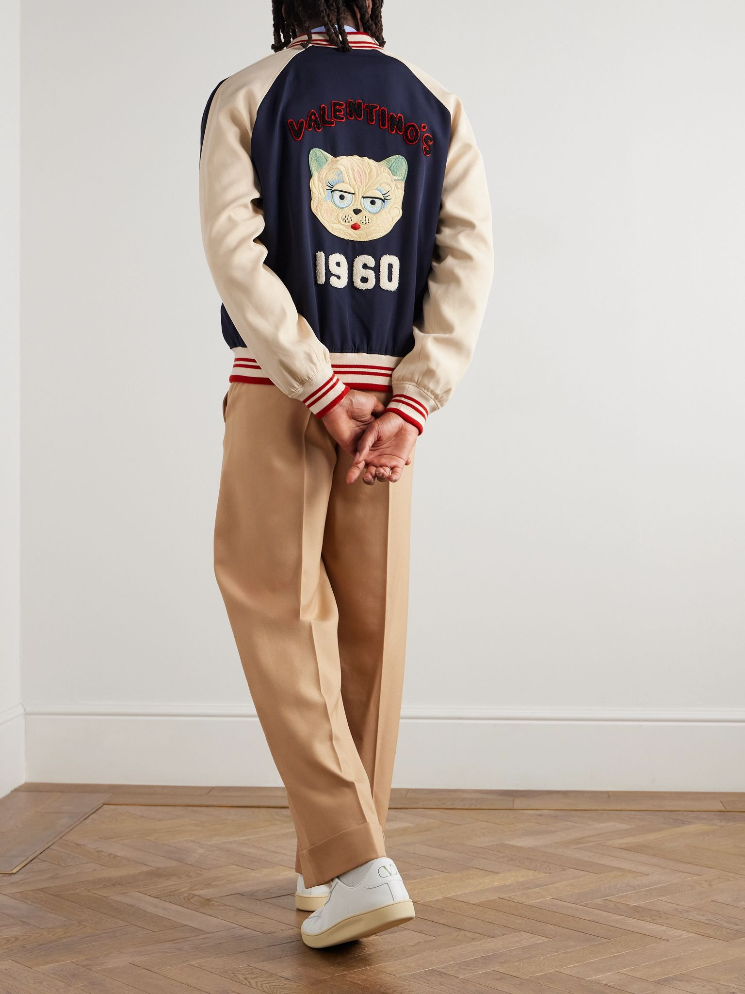 Le Chat De La Maison Logo-Appliquéd Two-Tone Virgin Wool and Cotton-Blend Twill Bomber Jacket Navy - 2
