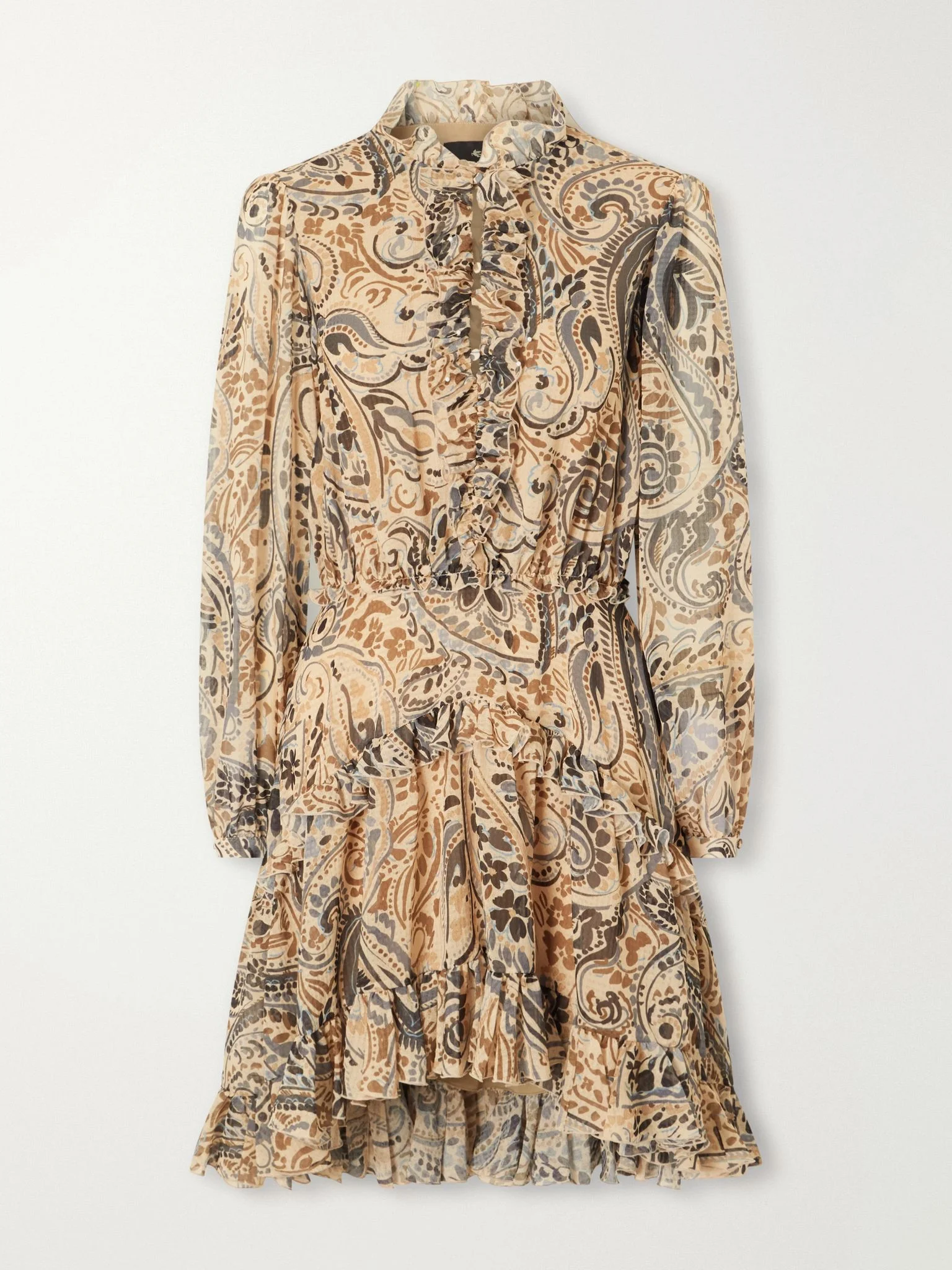Tiered ruffled paisley-print chiffon mini dress Beige - 1