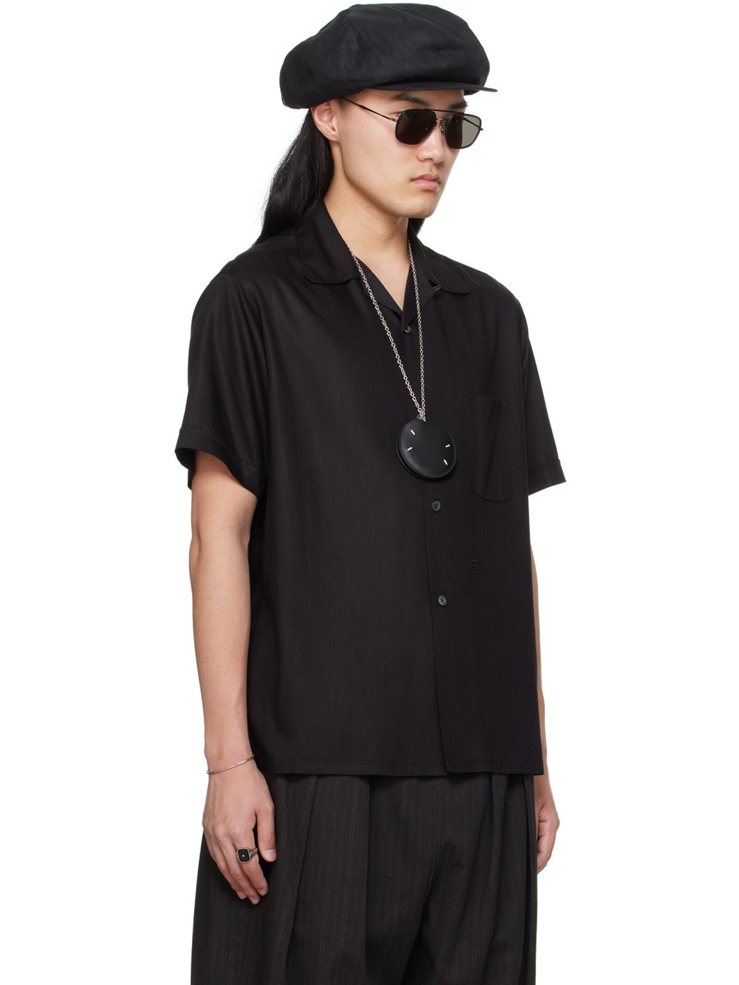 Black Open Spread Collar Shirt - 2