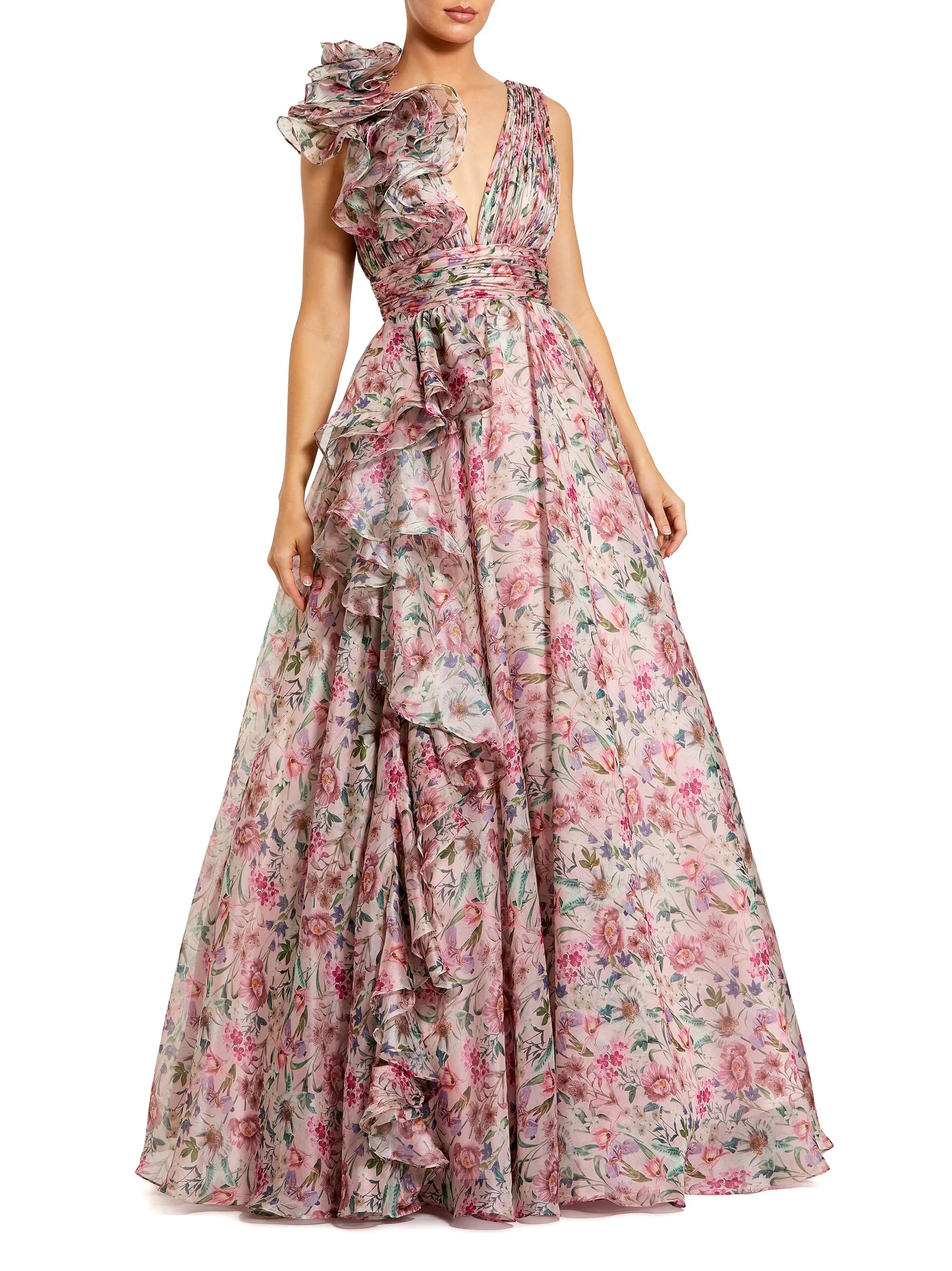 Women's Floral Chiffon Ruffled V-Neck Gown - Pink Multi - 1