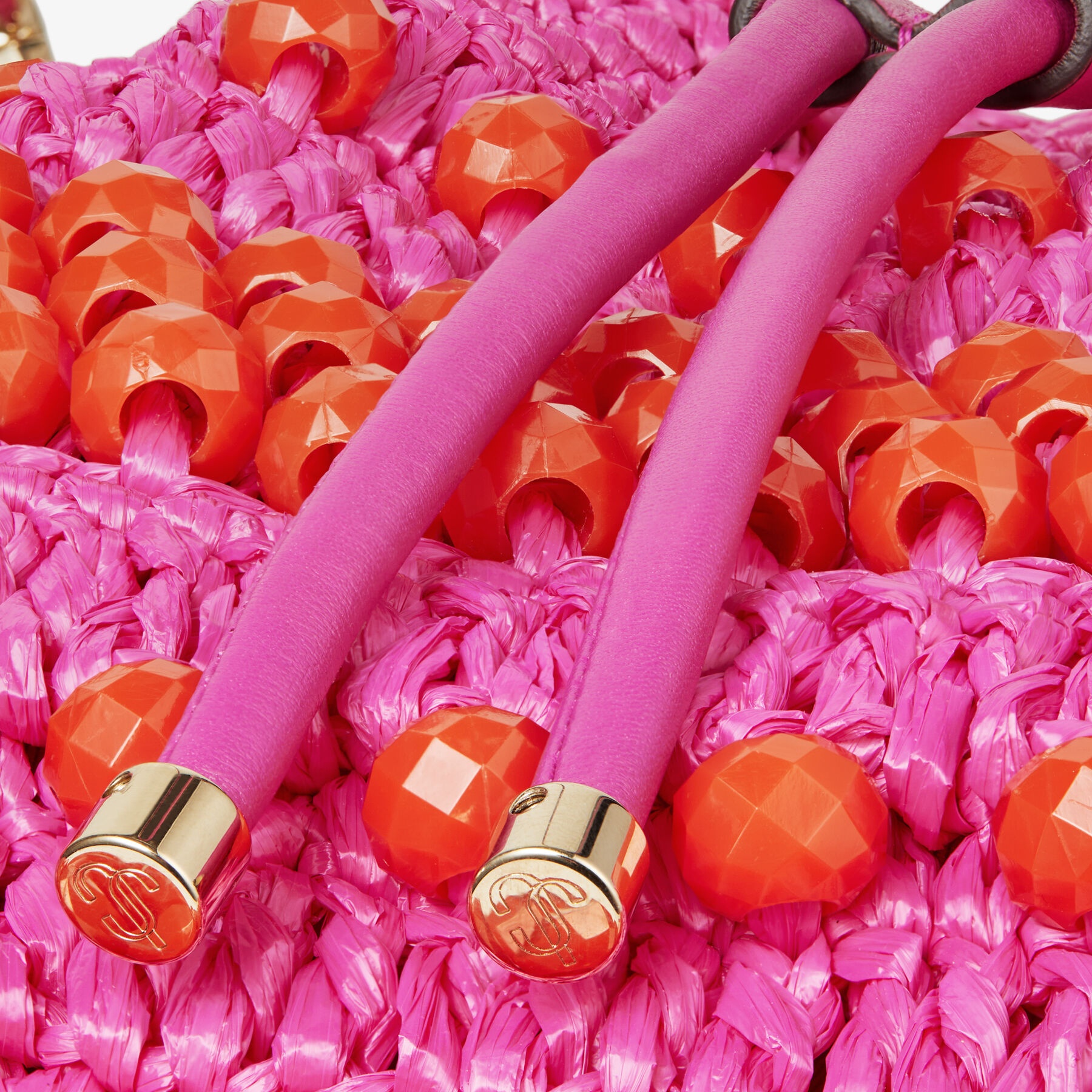 Bon Bon Bucket
Fuchsia Beaded Raffia and Smooth Leather Tote Bag - 5