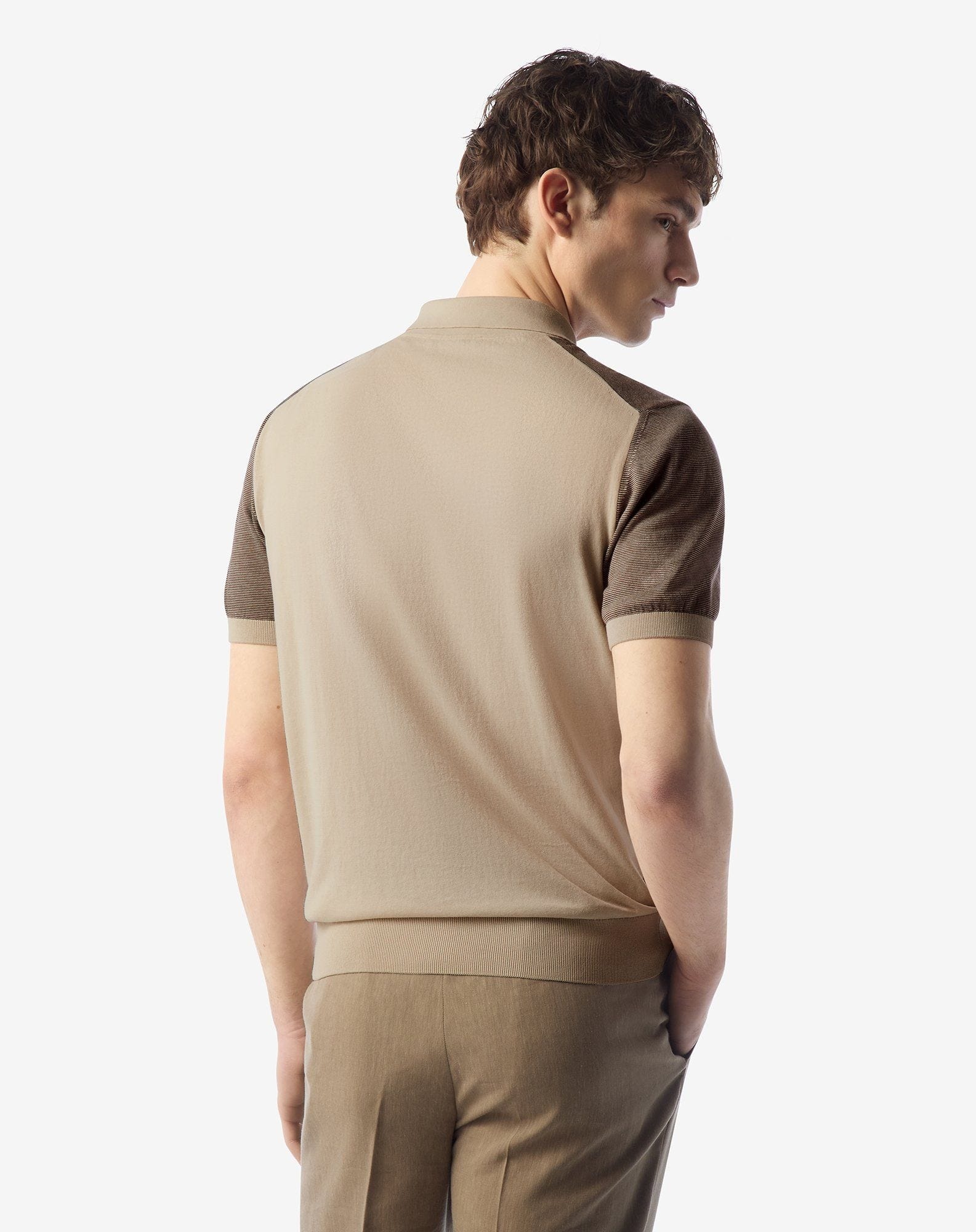 Ice cotton and silk polo shirt with nude/brown zip - 3