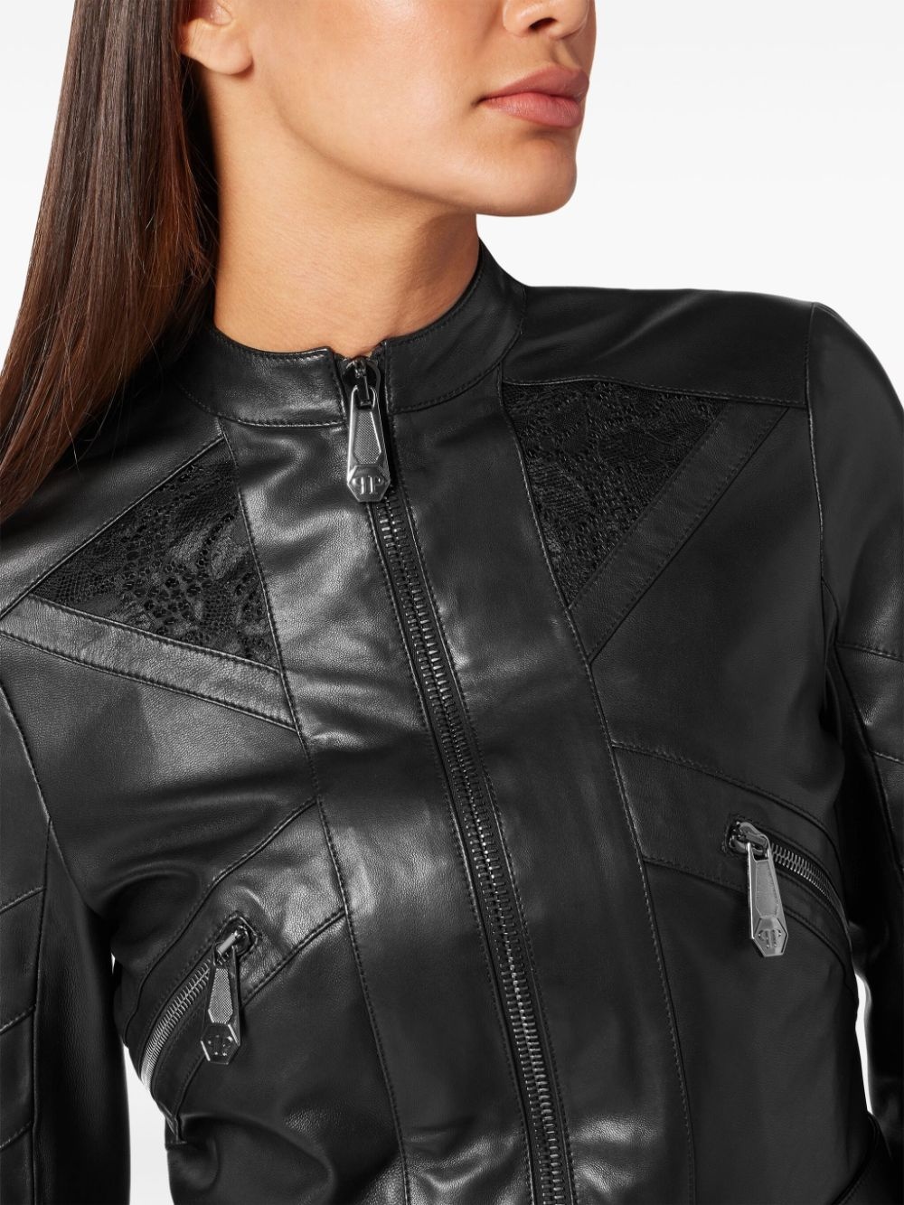 lace-embellished leather jacket - 5