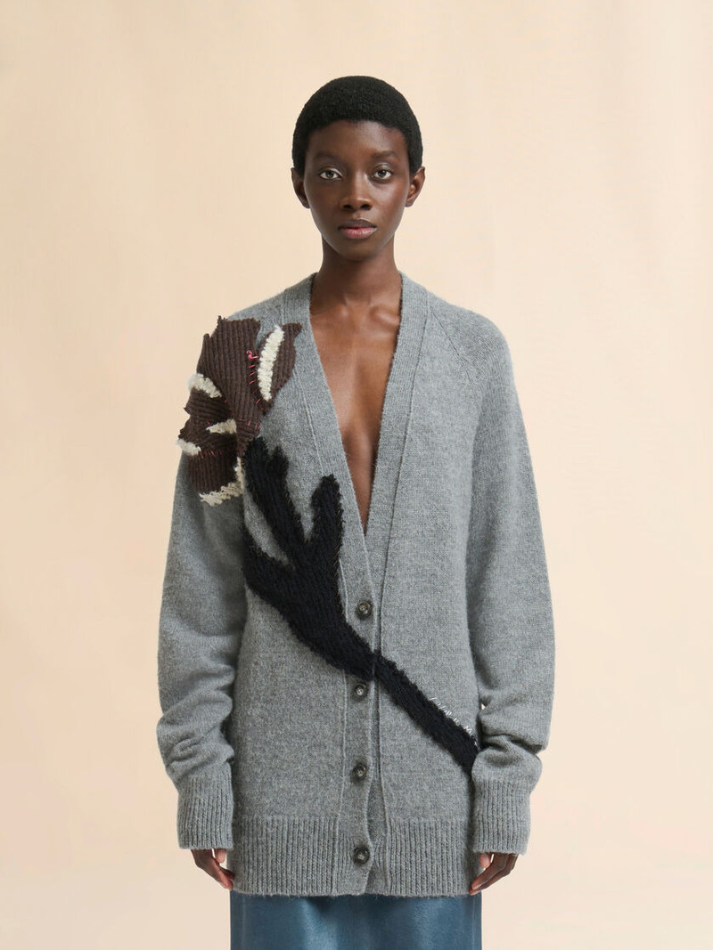 Marni GRAY ALPACA WOOL CARDIGAN WITH FLOWER PATCH outlook