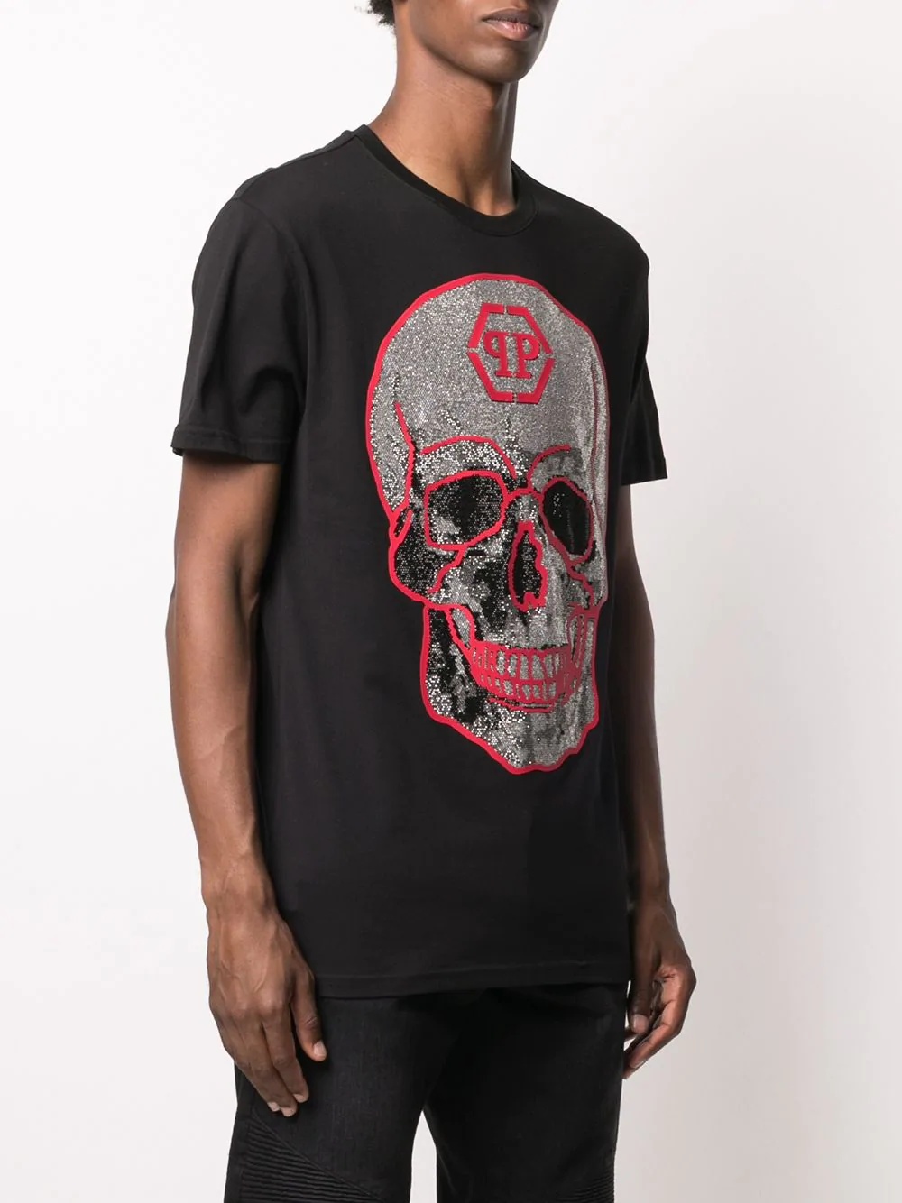 rhinestone skull crew neck T-Shirt - 3