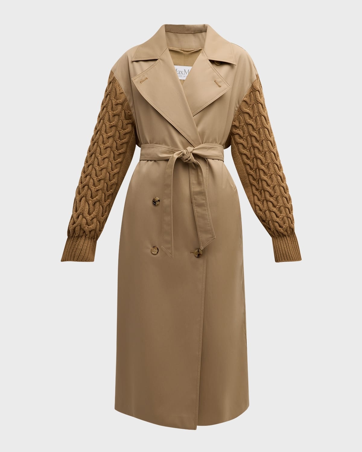 Cicladi Cable-Knit Sleeves Belted Long Trench Coat - 1