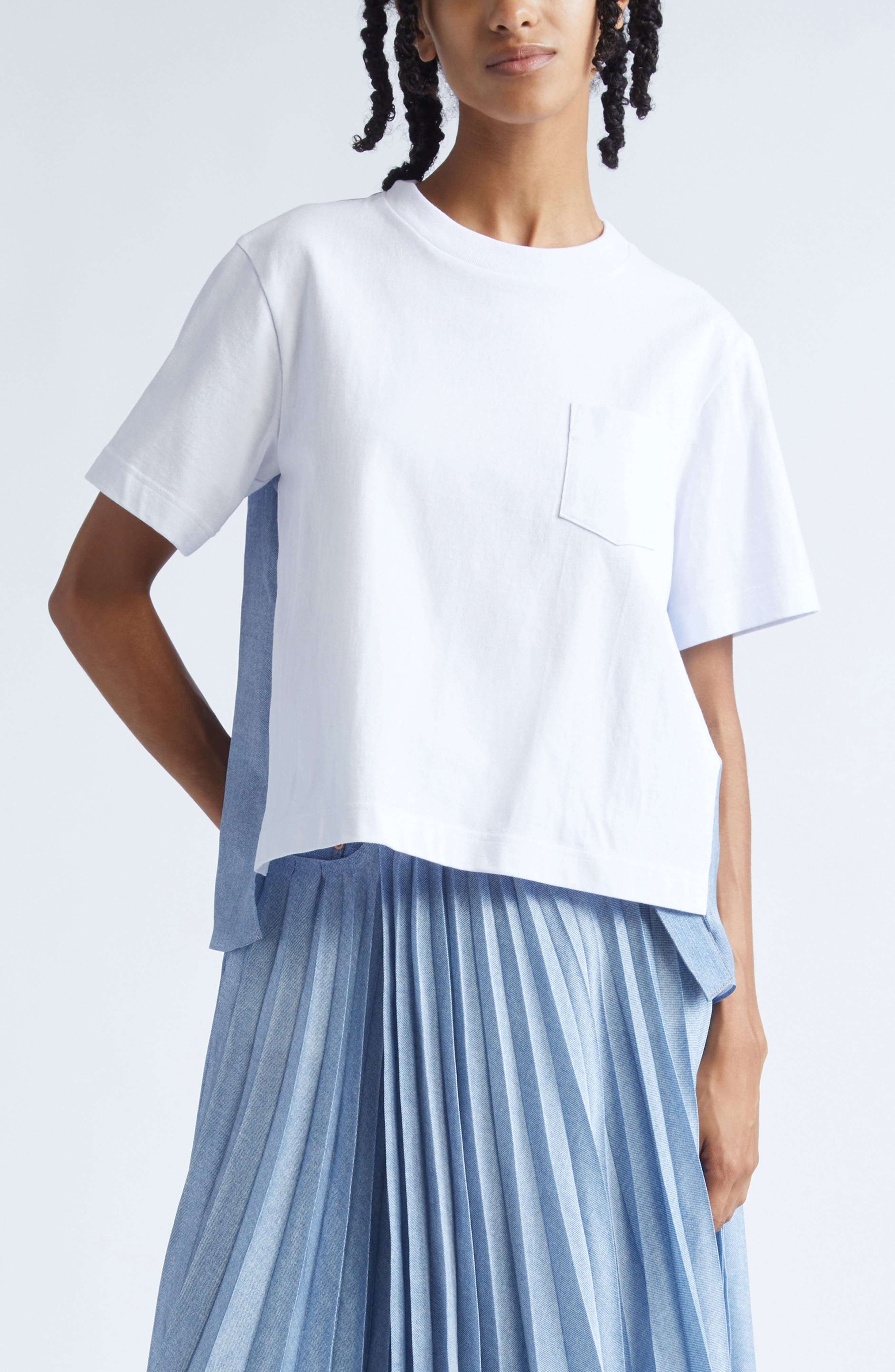 Sacai Mixed Media Jersey & Denim Pocket T-Shirt in Off White/Light Blue at Nordstrom - 1