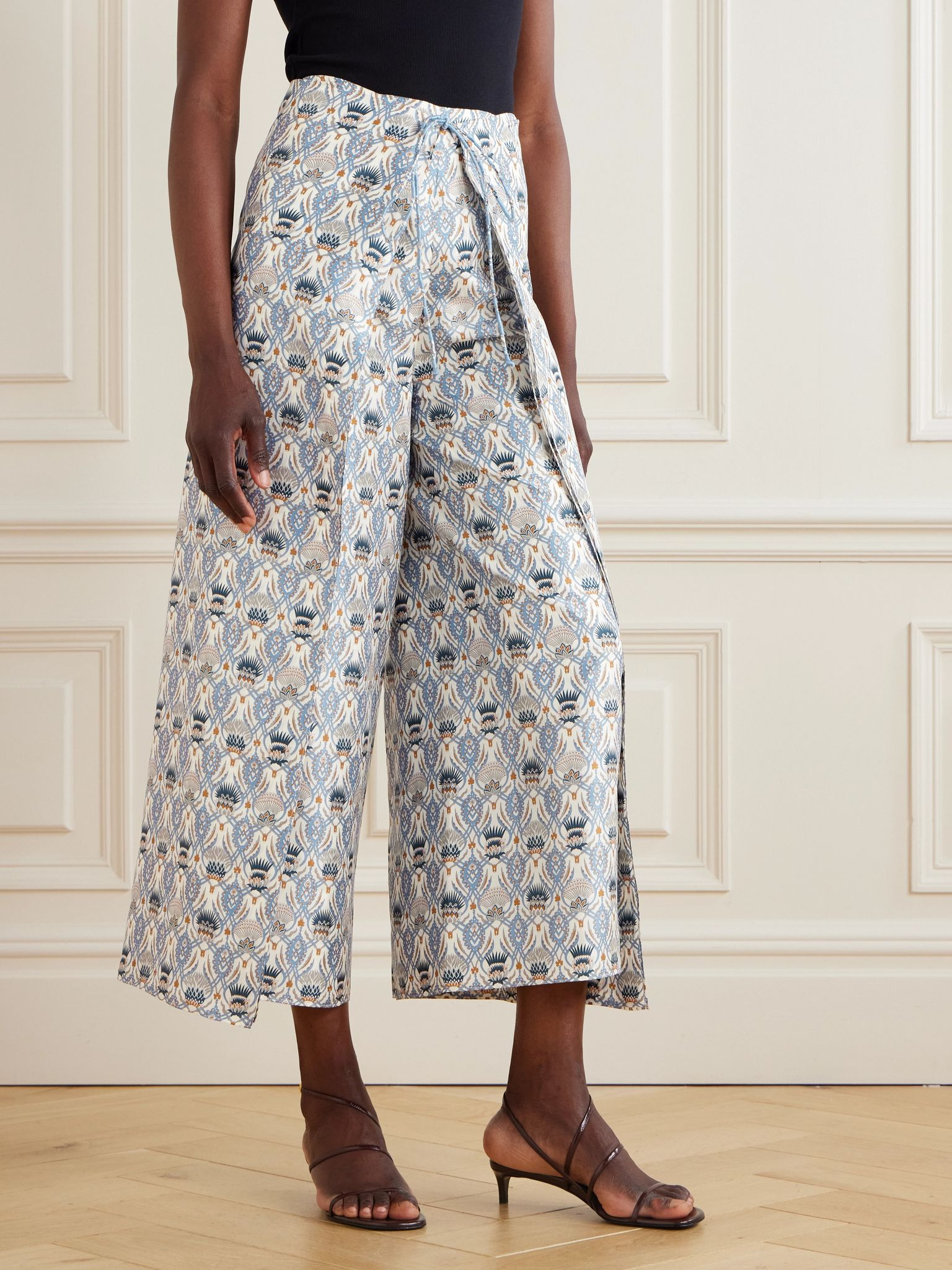 Maynard cropped layered printed silk-satin wide-leg pants Blue - 3