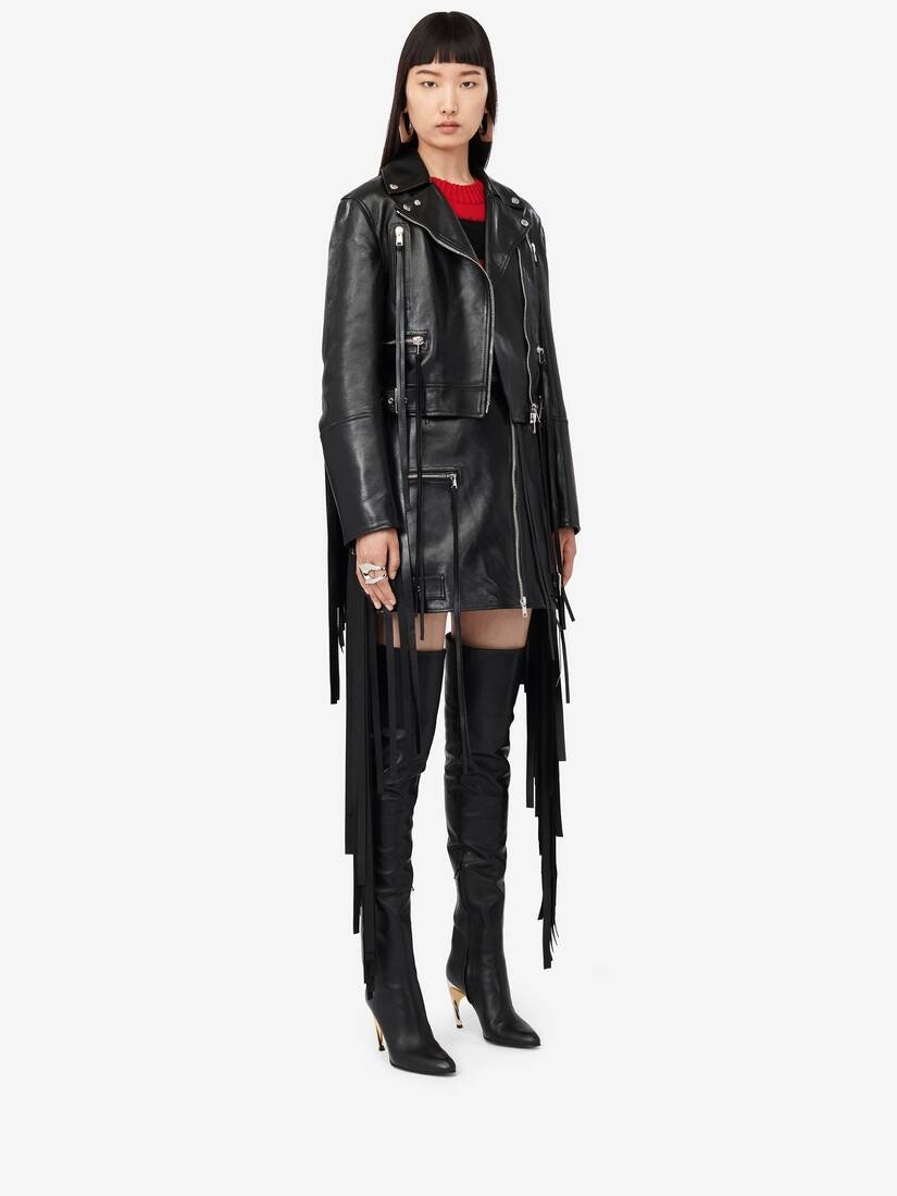 Women's Fringed Biker Jacket in Black - 3