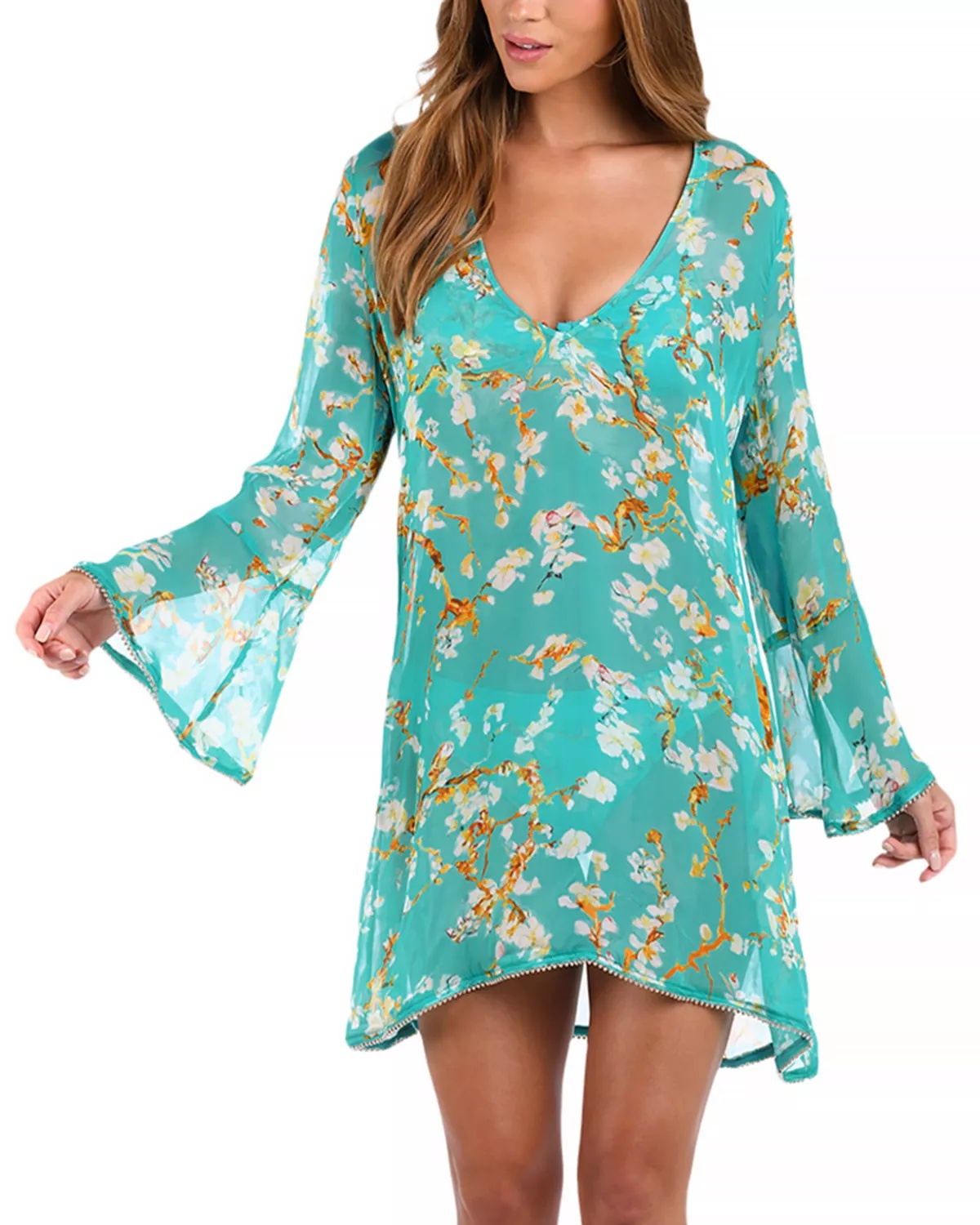 Ansley Cherry Sheer Short Swim Cover-Up Dress - 1