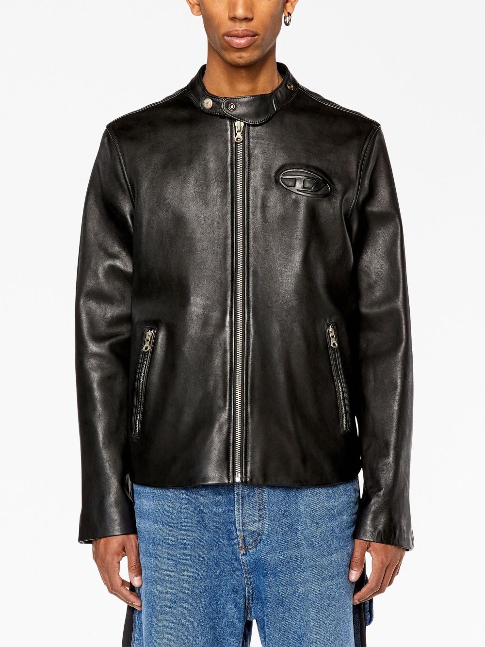 long-sleeved leather biker jacket - 3