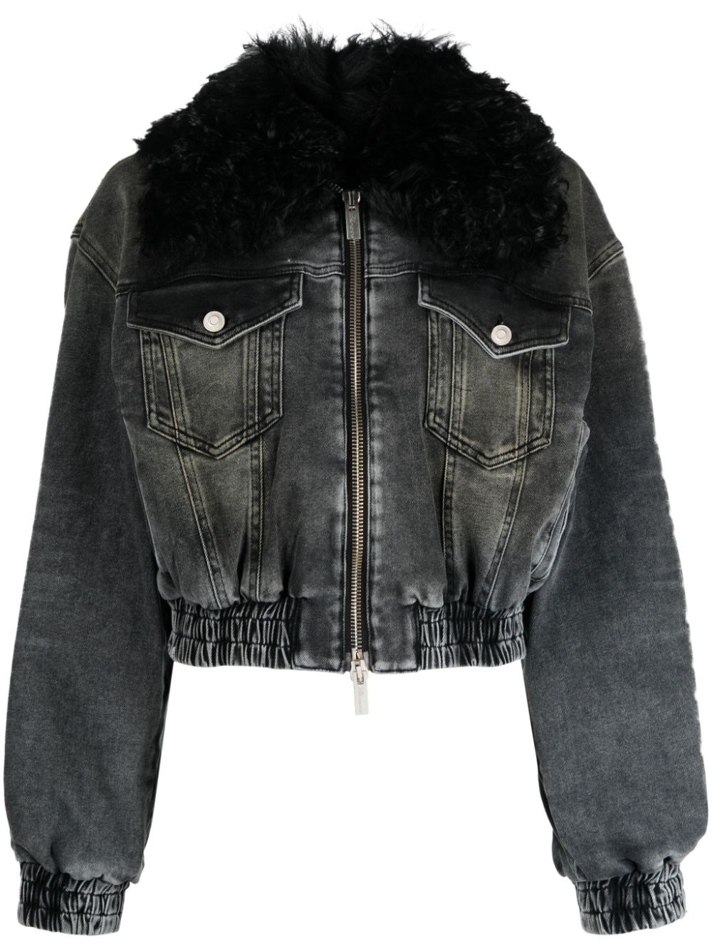 oversized-collar zip-up denim jacket - 1