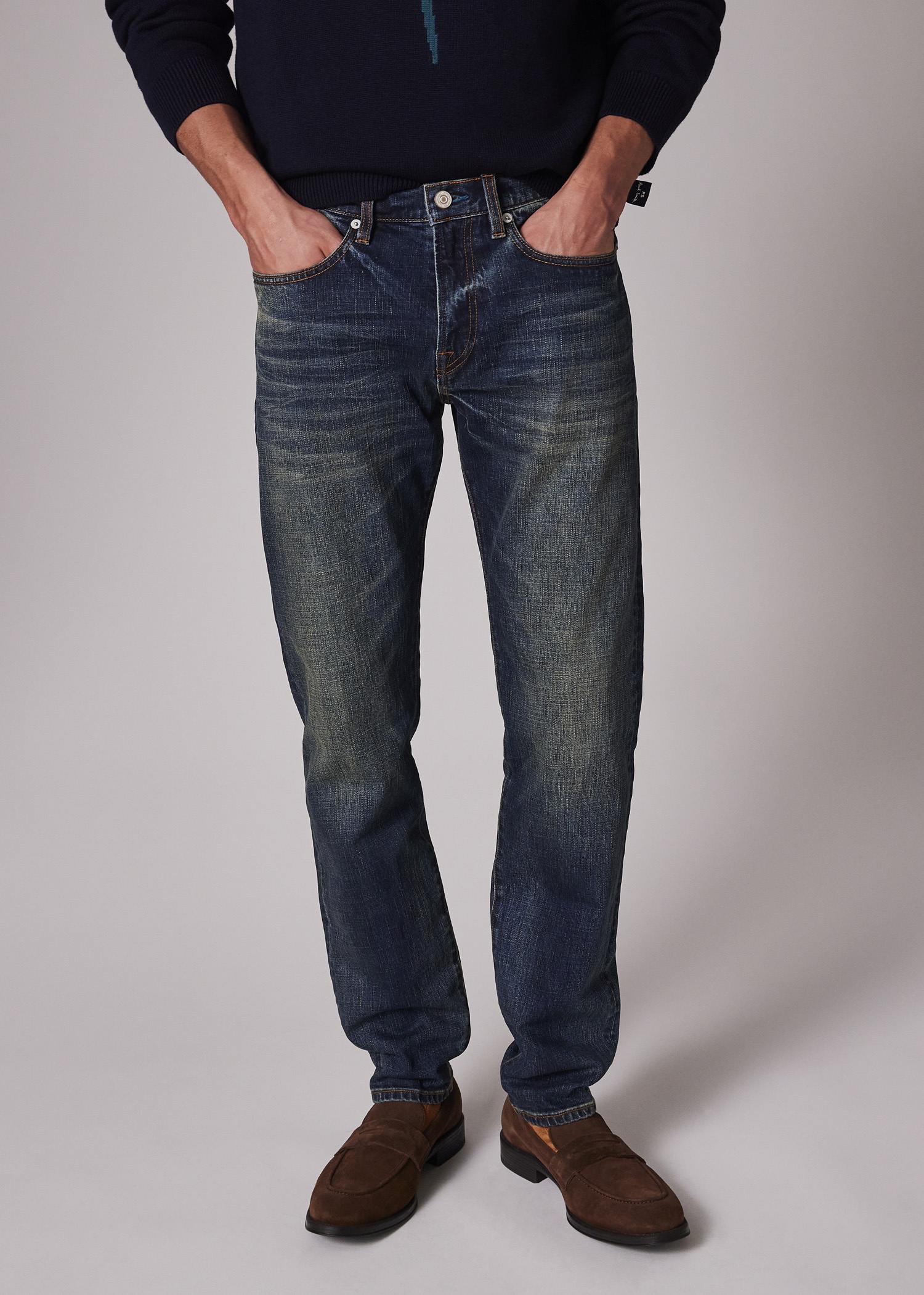 Tapered-Fit Vintage-Wash Crosshatch Stretch Jeans - 5