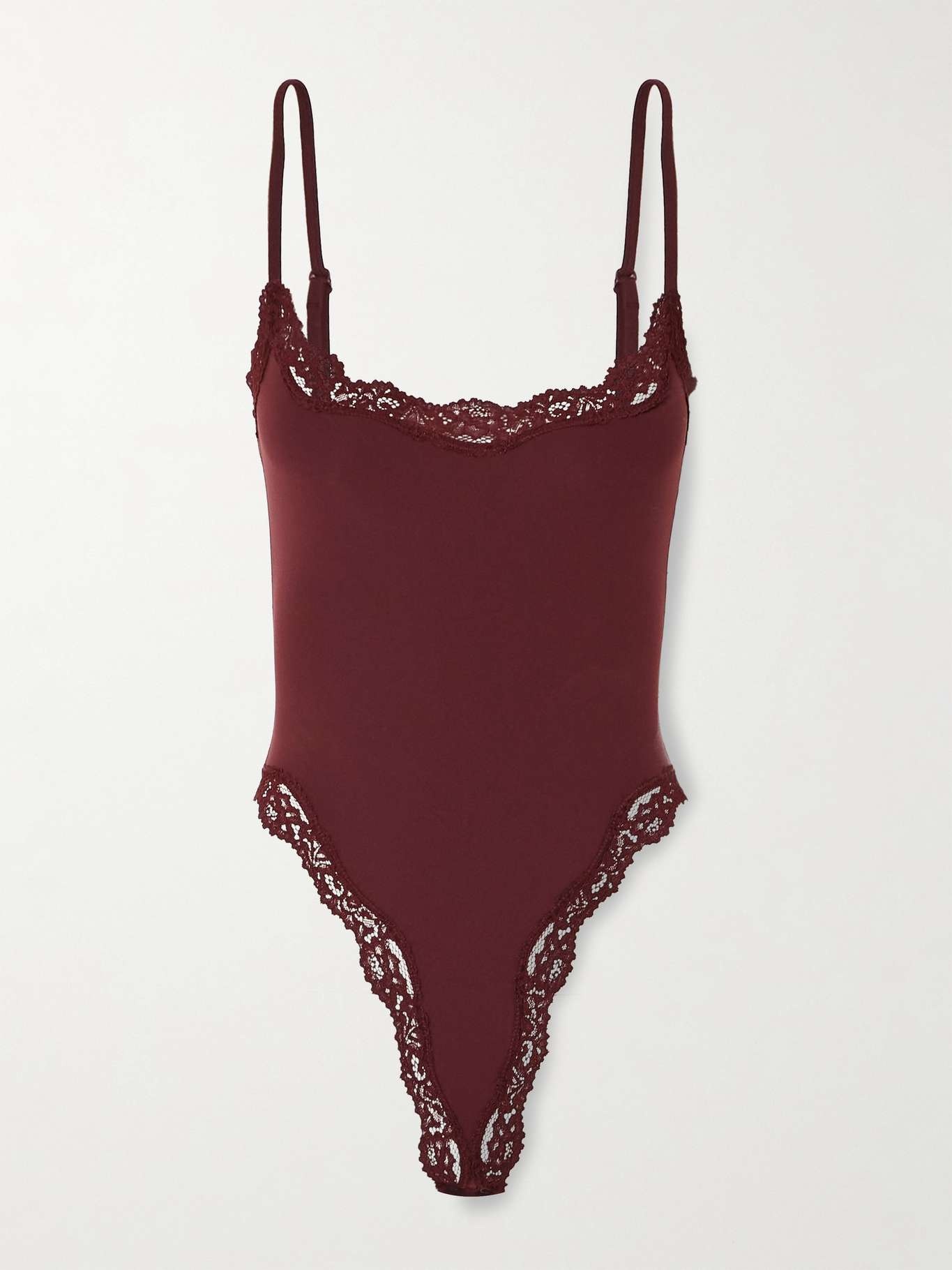 Fits Everybody lace-trimmed stretch thong bodysuit - Oxblood Burgundy - 1