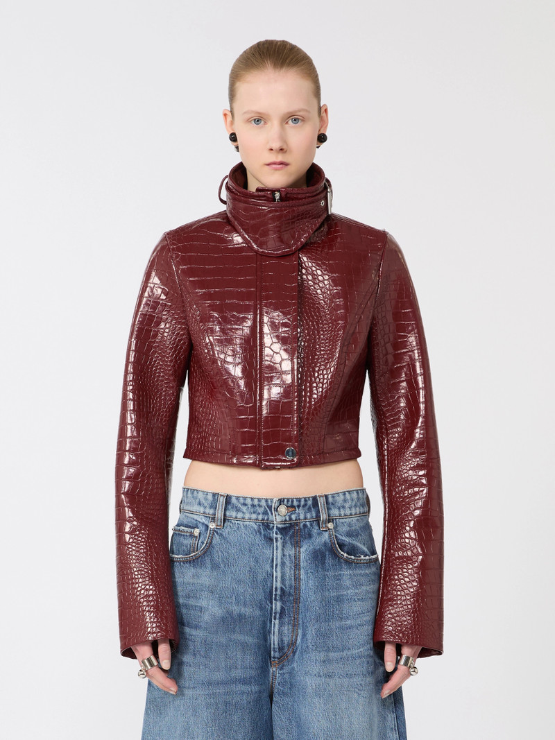 SULTANO Patent leather cropped jacket with alligator print - DARK RED 3