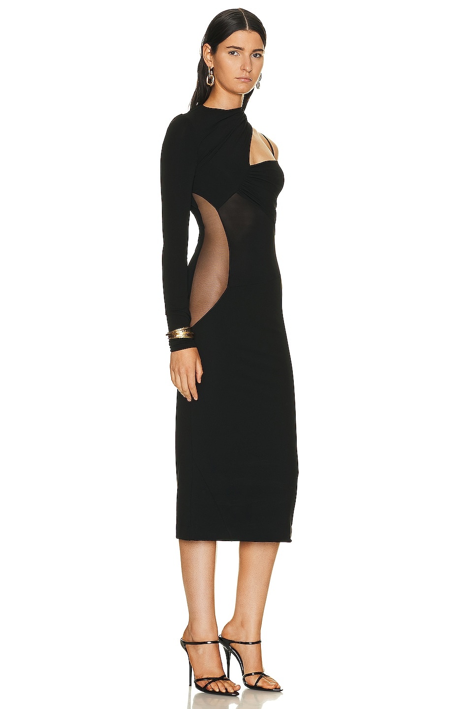 Gathered Asymmetrical Long Sleeve Midi Dress - 2