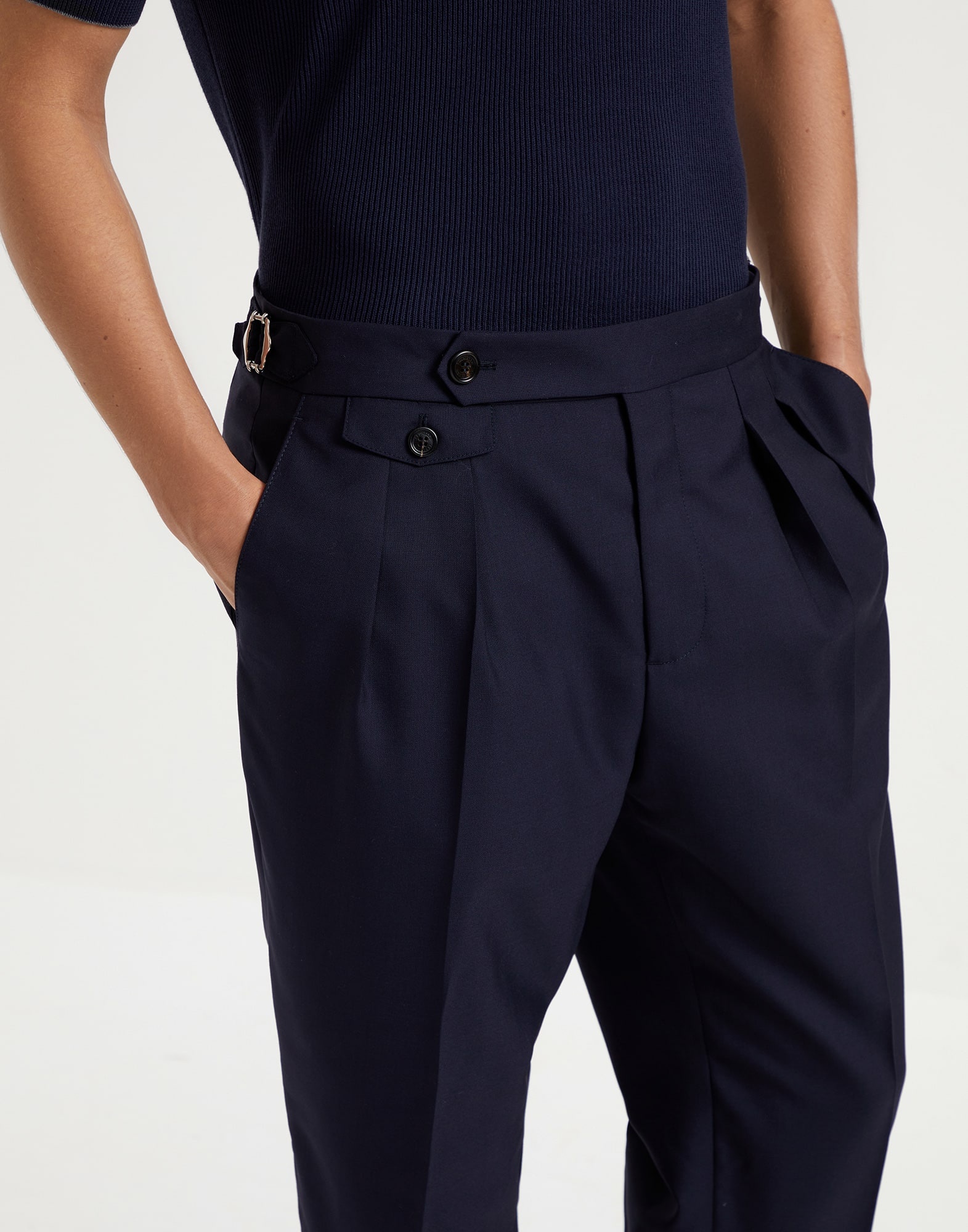Virgin wool fresco tailor fit trousers with reversed double pleats and waist tabs - 3