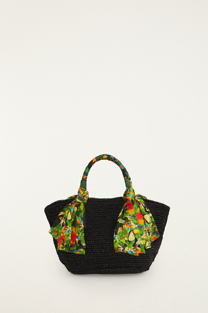 Black Scarf Raffia Mini Basket Bag 1