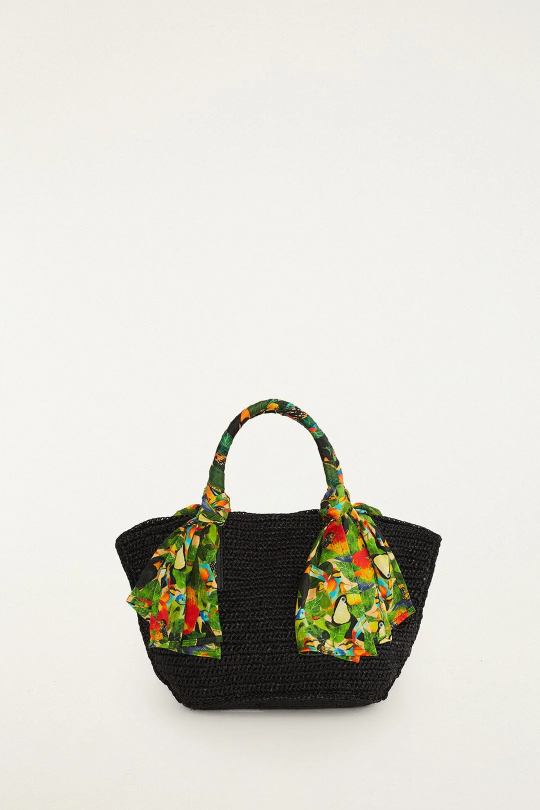 Black Scarf Raffia Mini Basket Bag - 1