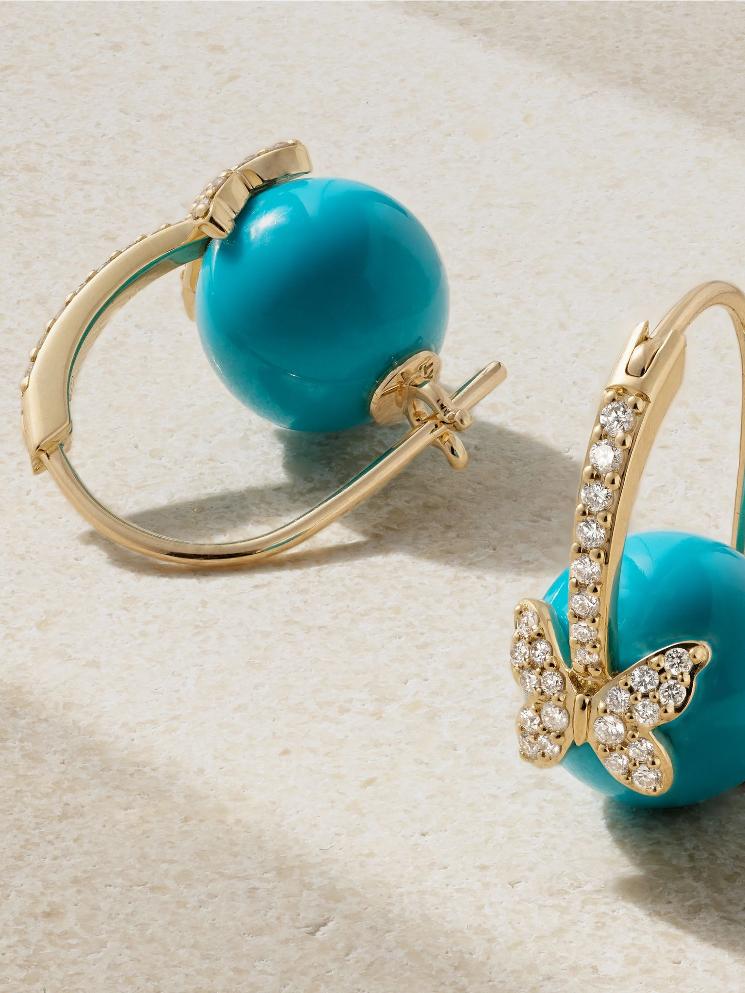 Butterfly 14-karat gold, turquoise and diamond earrings Gold - 3