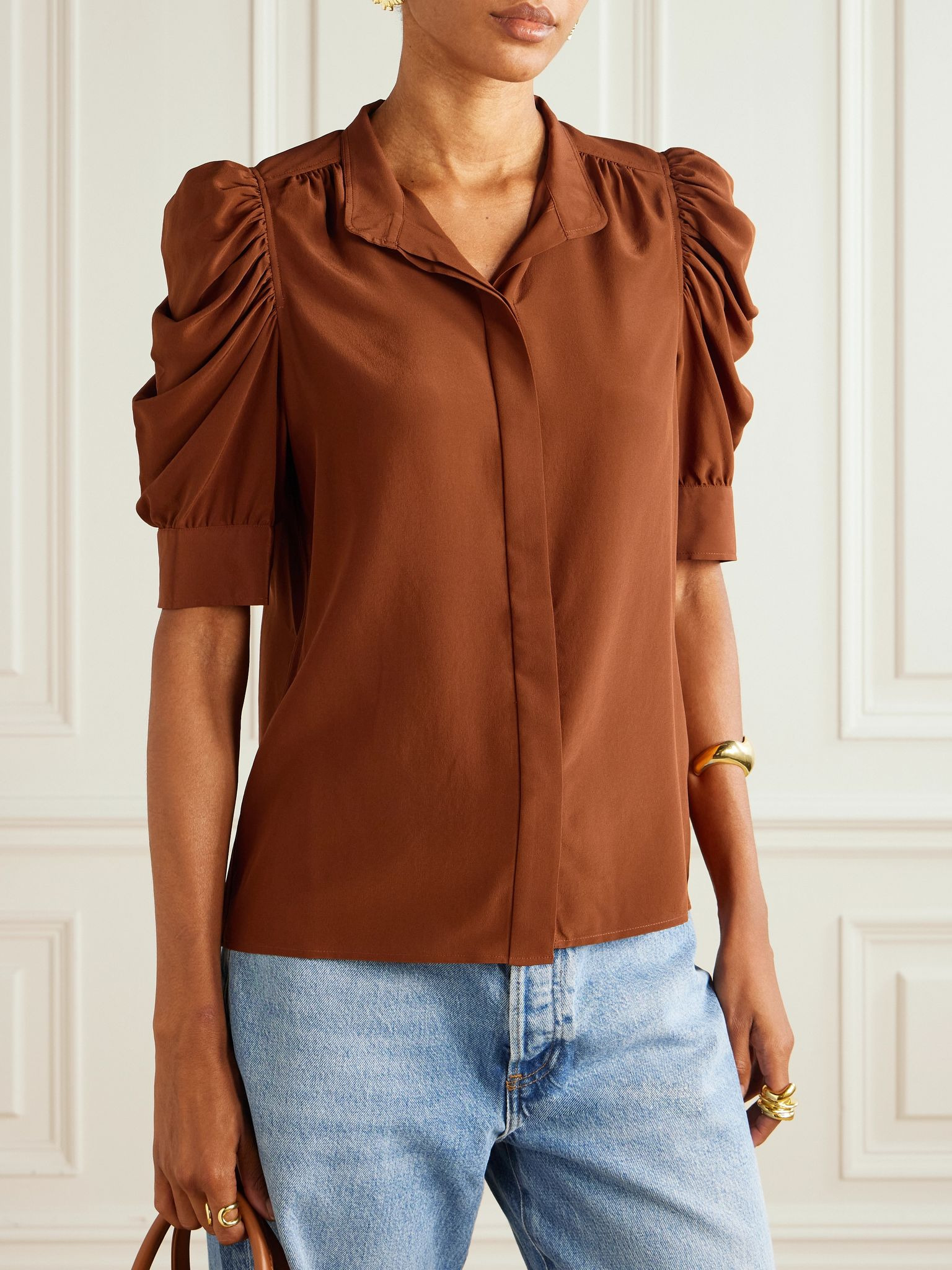 Gillian ruched silk-satin blouse Brown - 3