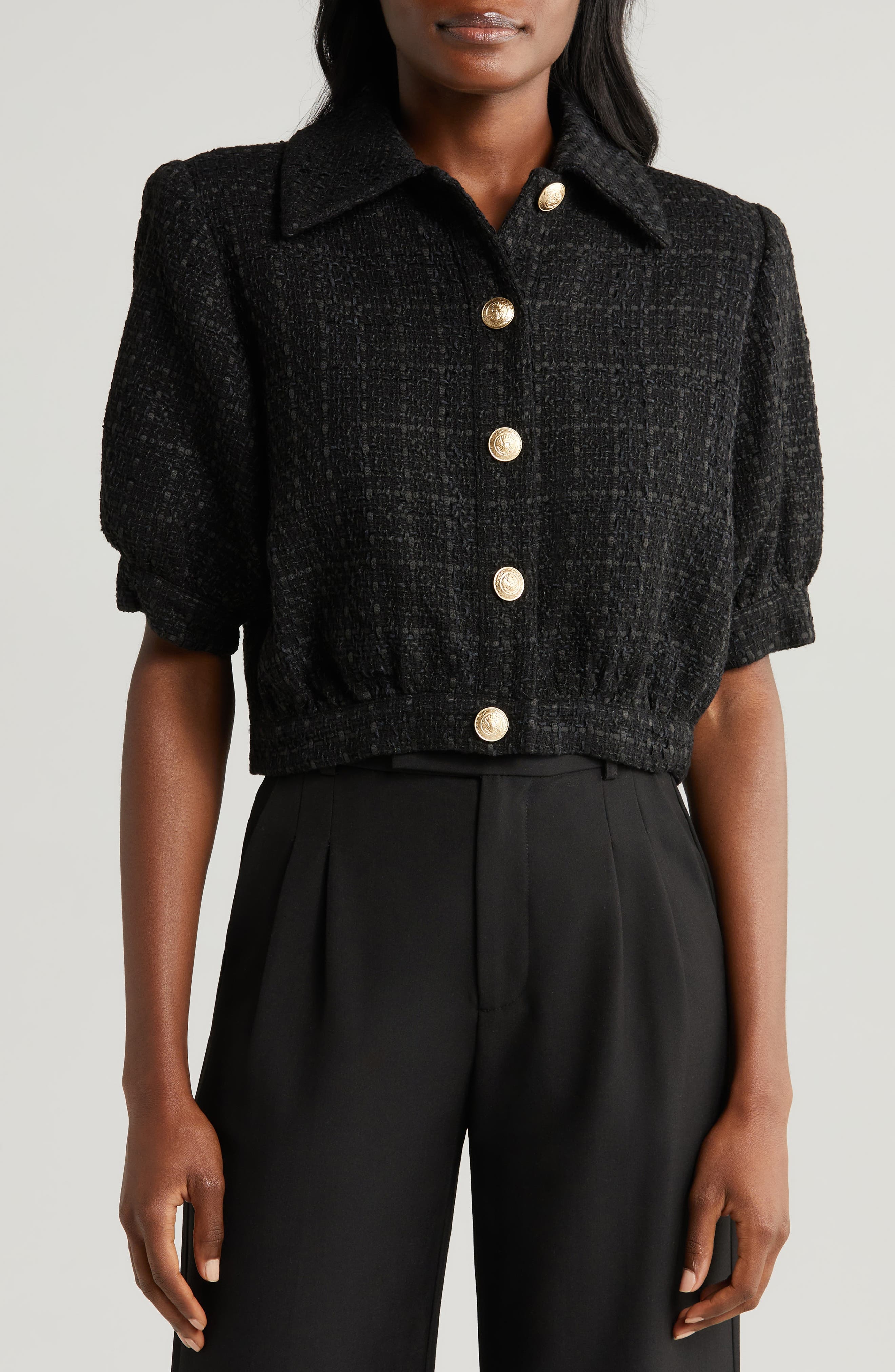 L'AGENCE Cove Tweed Crop Jacket in Black at Nordstrom - 4