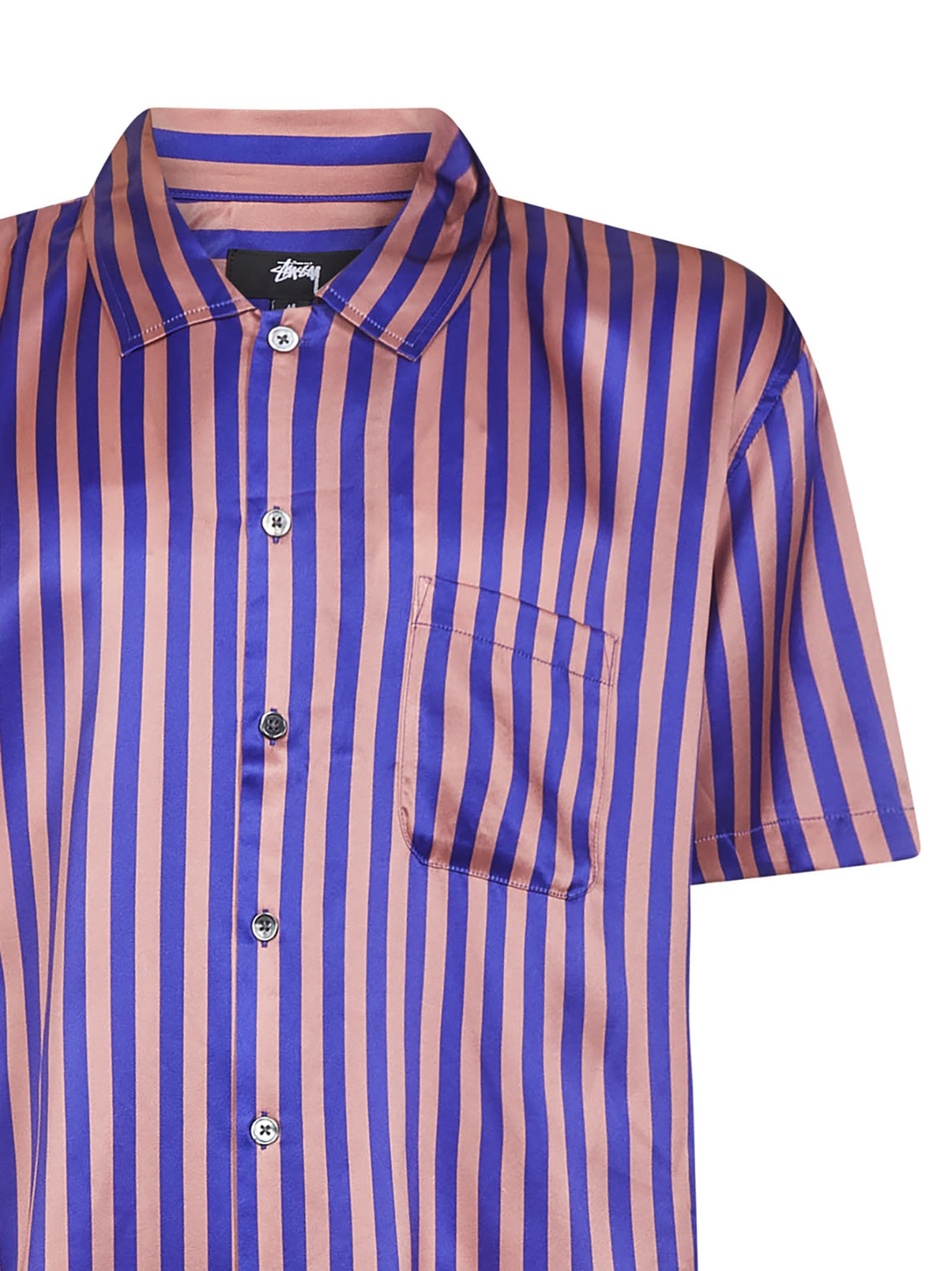 Short-sleeved blue and pink striped silk shirt with chest pocket. - 3