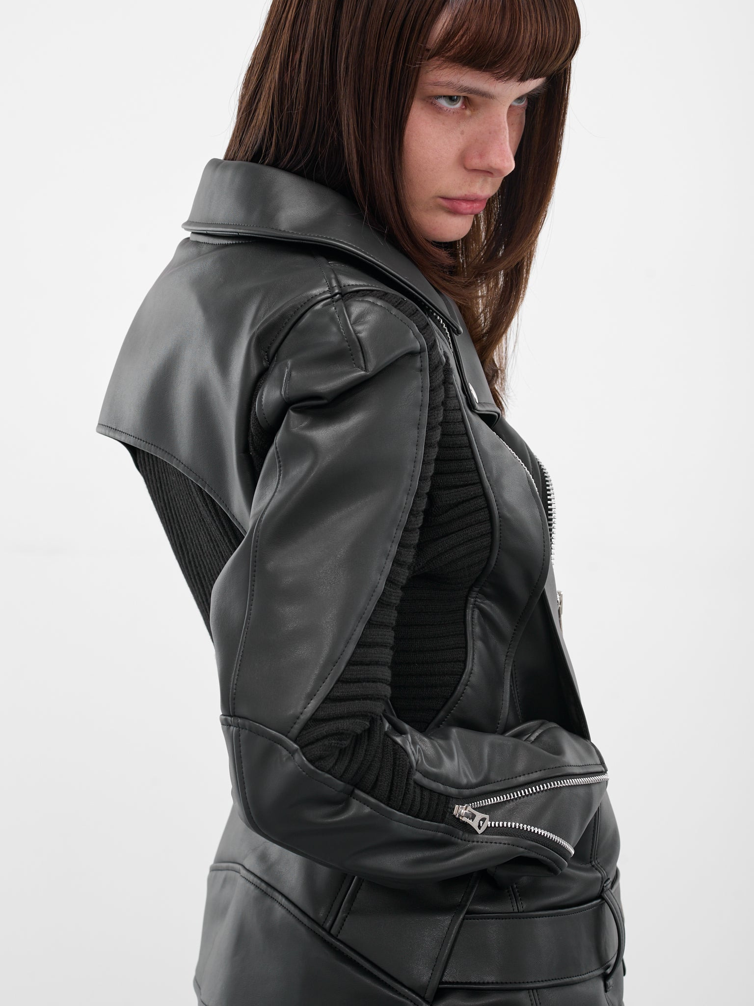 Black Rib Panel Biker Jacket - 5