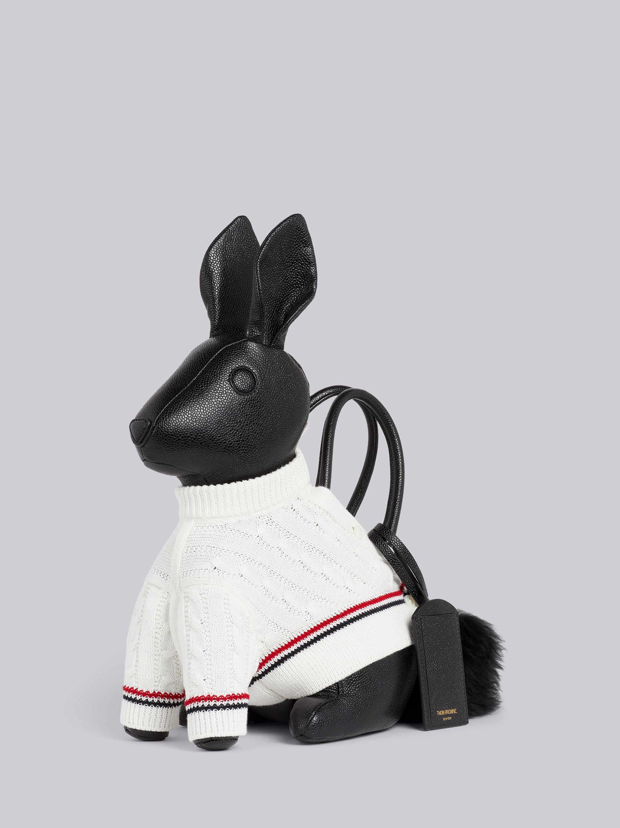 Black Pebbled Calfskin Cotton Aran Cable Sweater Rabbit Bag - 3