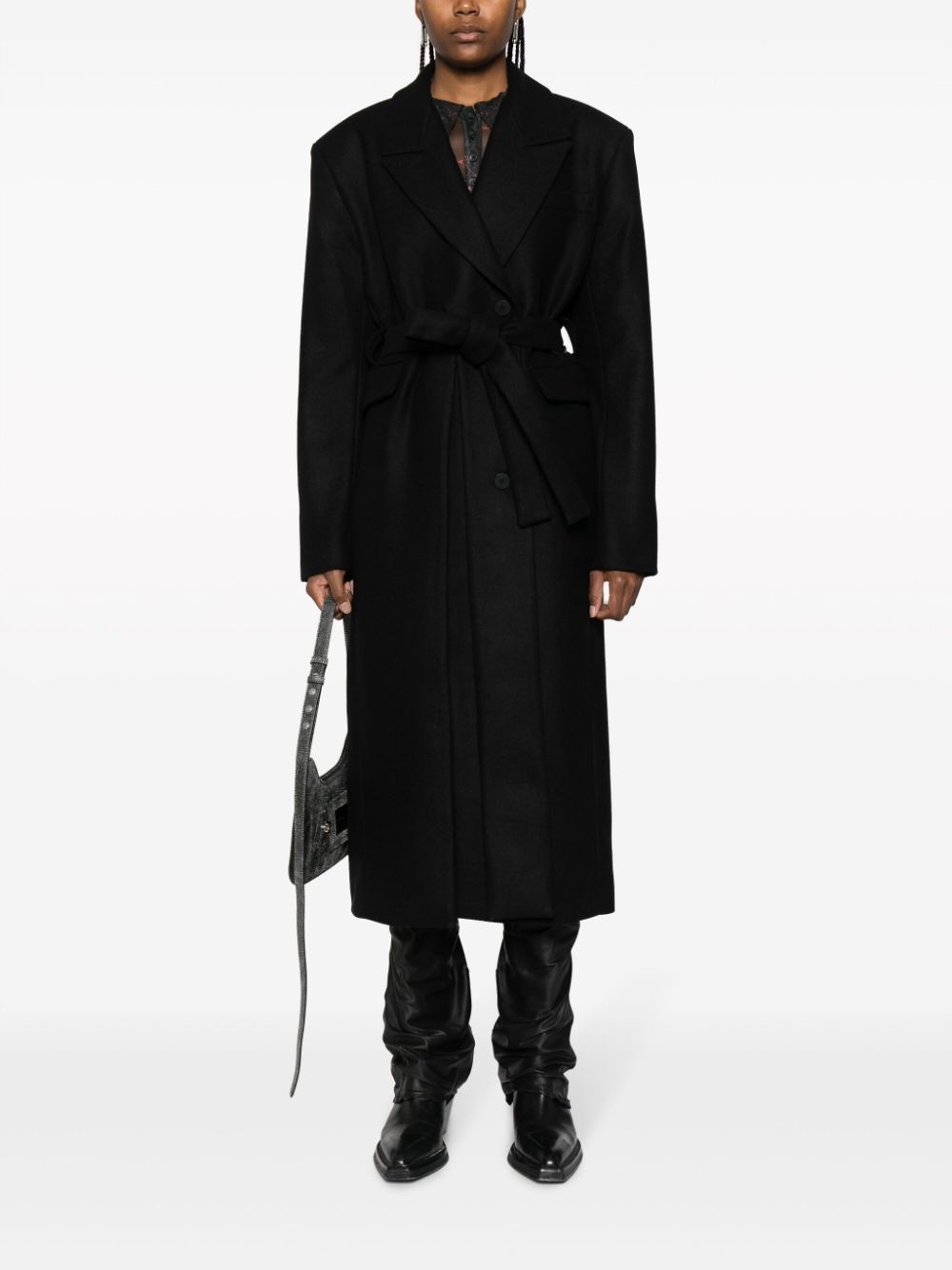 peak-lapels belted single-breasted coat - 2
