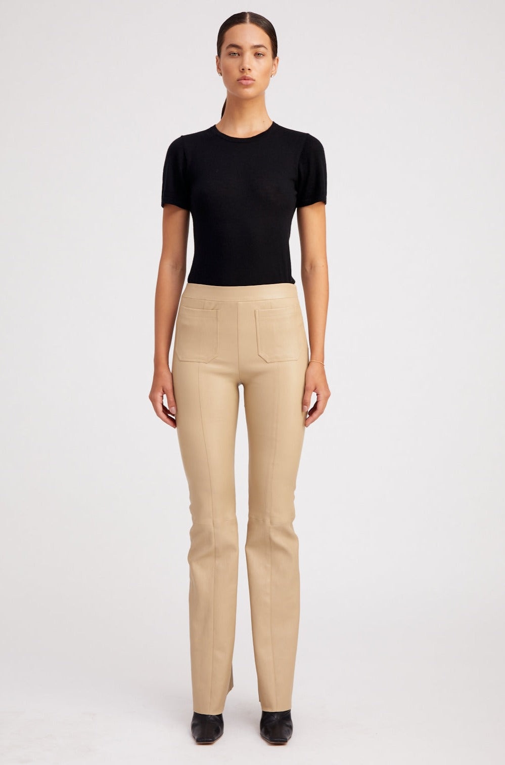 TRAVERTINE LEATHER PATCH POCKET SUPER FLARE PANTS - 2
