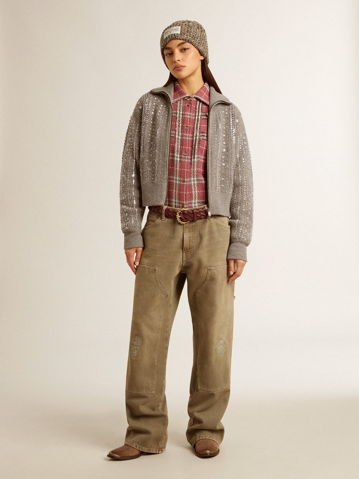Women's cropped sweater in gray melange wool with sequins - 7