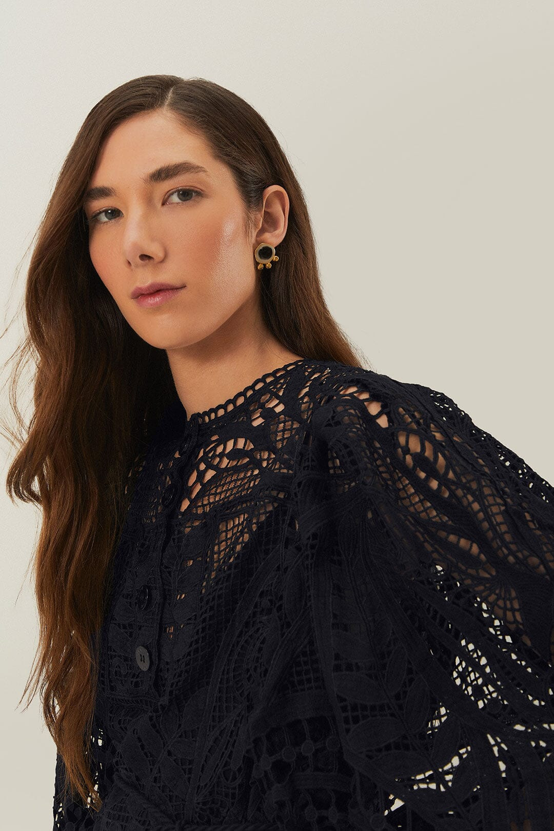 Black Guipire Puff Sleeve Blouse - 4