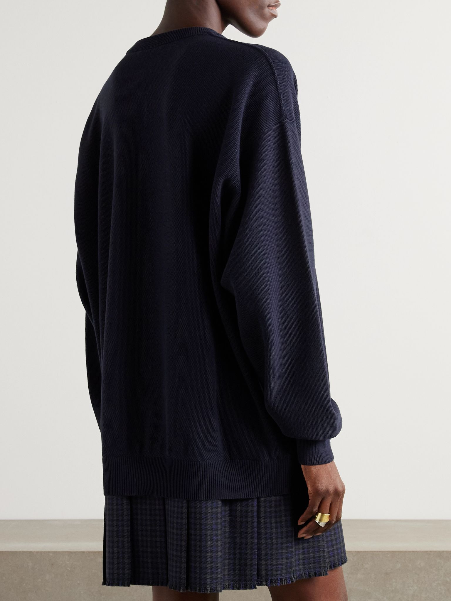 Layered wool-trimmed embroidered cotton mini dress Navy - 4
