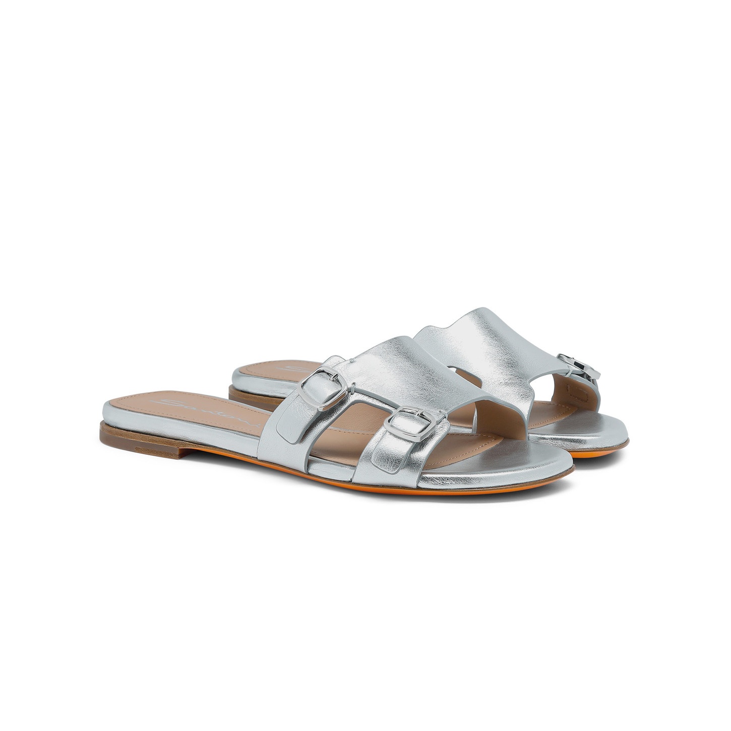 Women's silver laminated leather double-buckle Didi slide sandal - 2