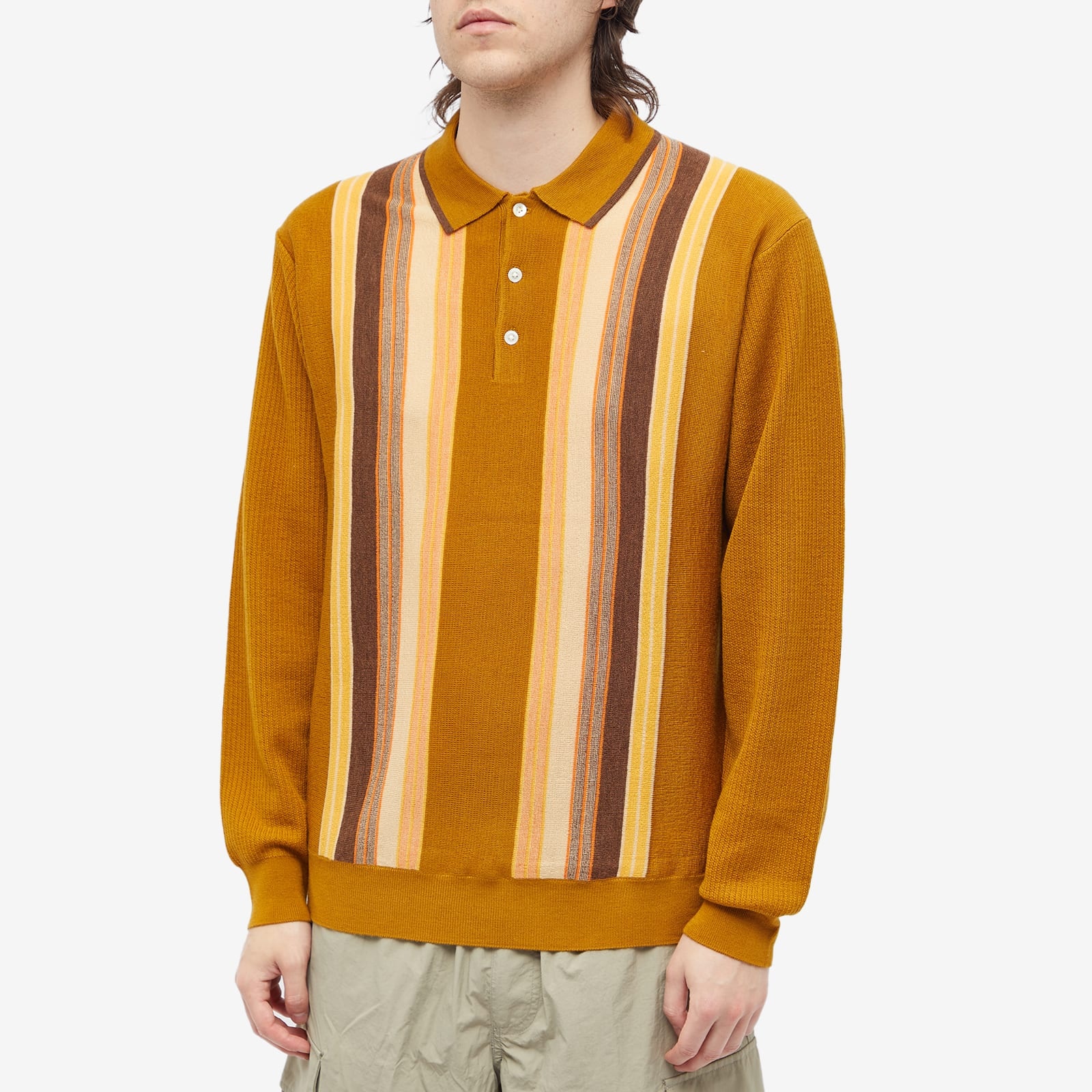 Beams Plus Stripe Knit Long Sleeve Polo - 2