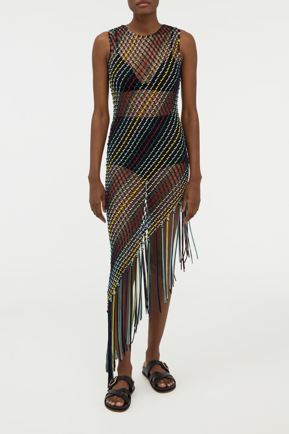 Nabia L Fringe Macrame Maxi Dress in Black Multi Silk - 3