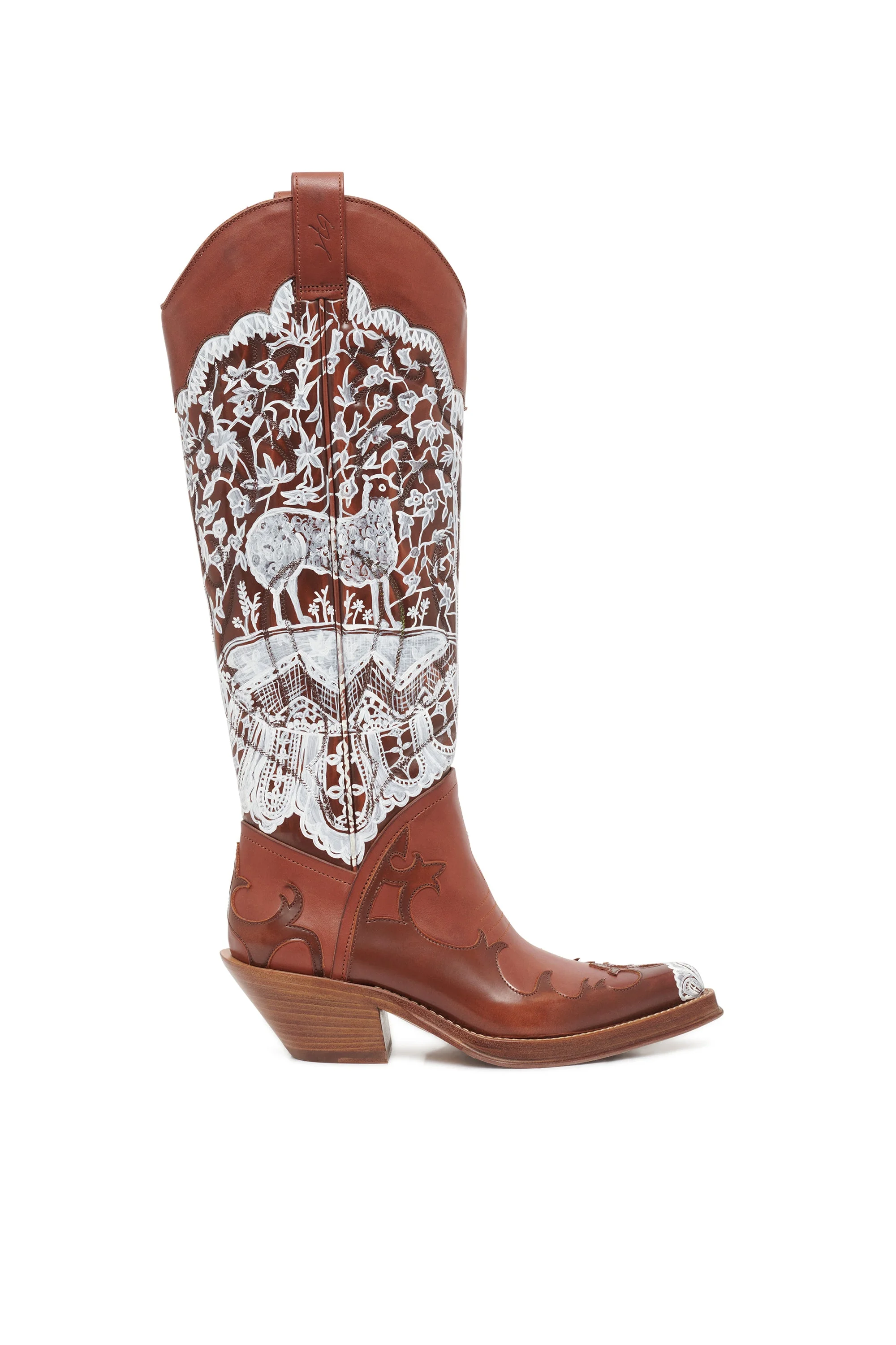 Hand Painted Capitana Cowboy Boot in Cognac & White Leather - 1