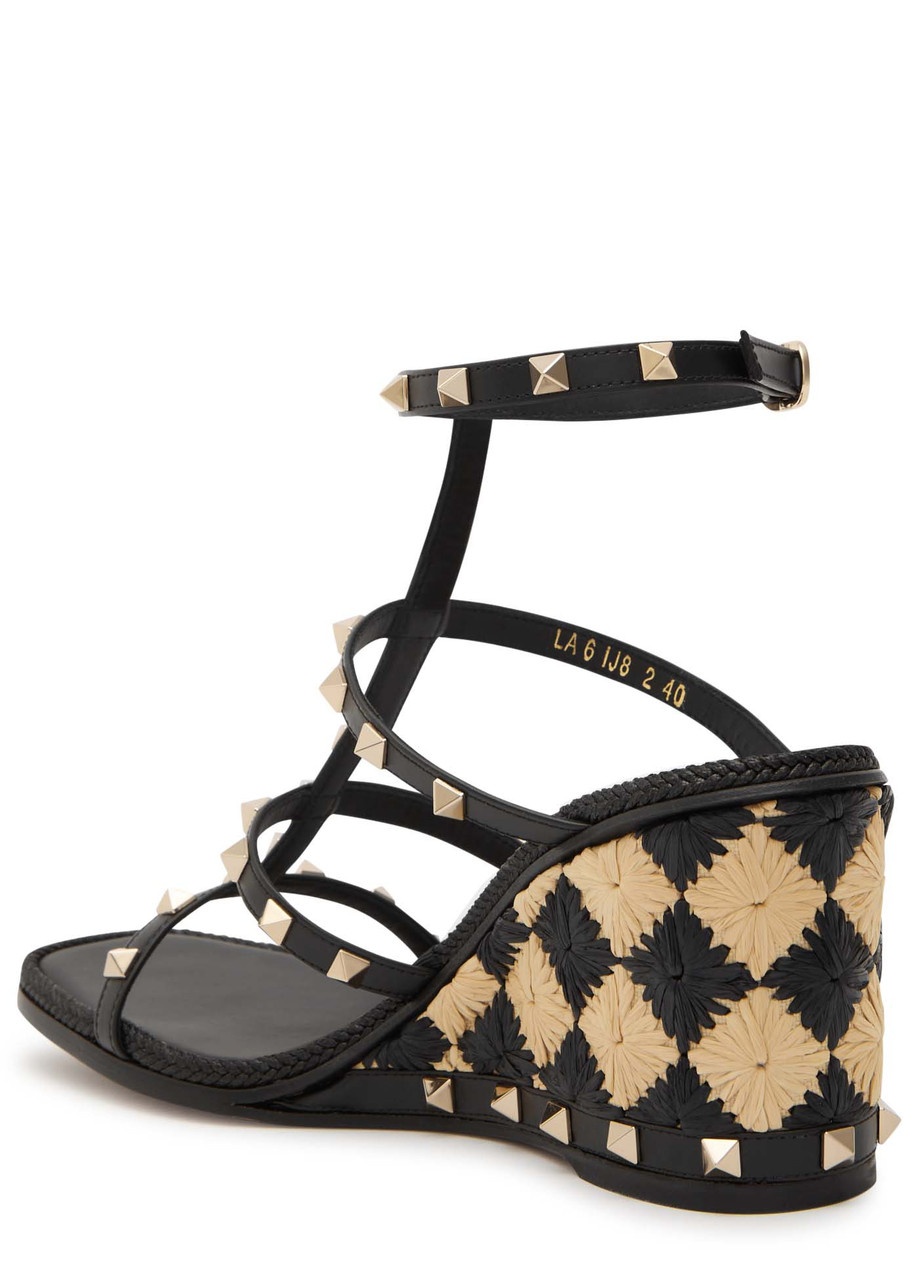 Valentino Rockstud 90 Leather and Raffia Wedge Sandals - 2