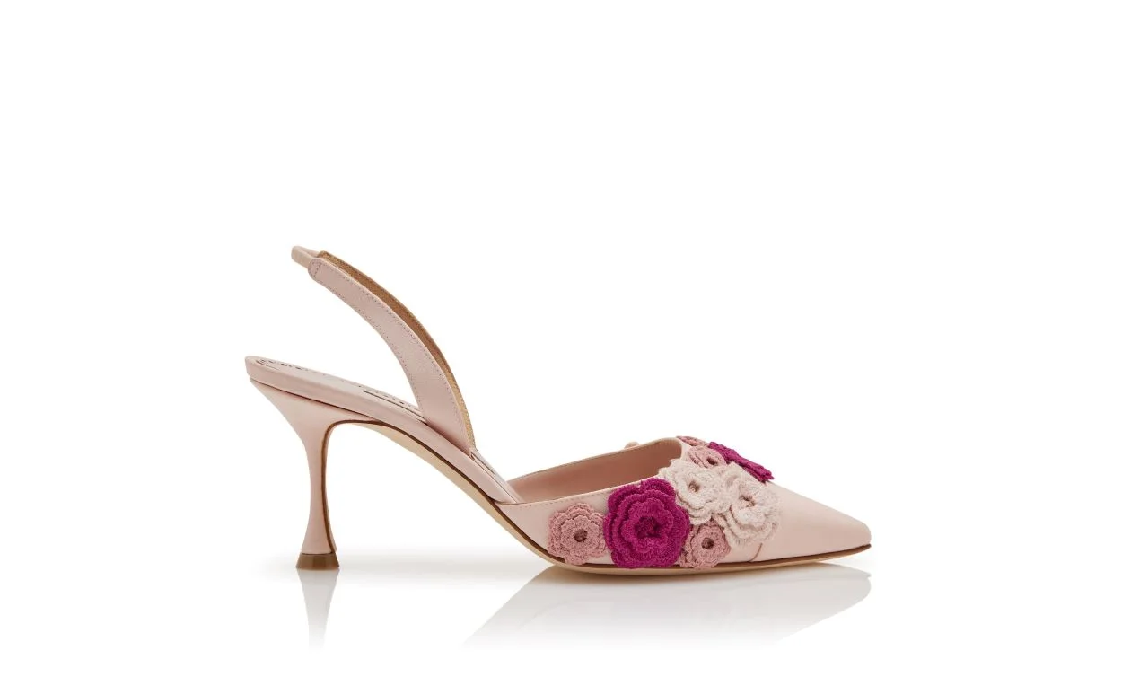 Light Pink Silk Floral Detail Slingback Pumps - 1