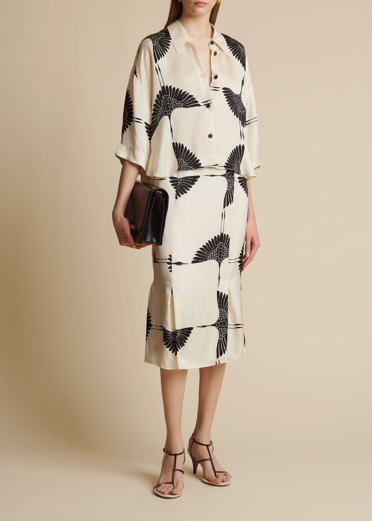 The Levy Skirt in Cream and Black Crane Print - 2
