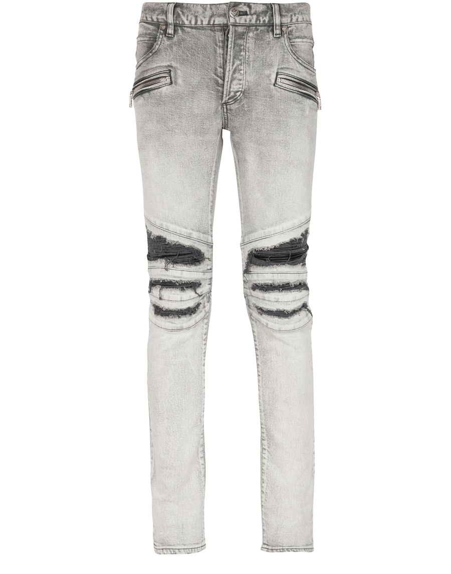 Slim cut ripped cotton jeans with synthetic leather panels - 1