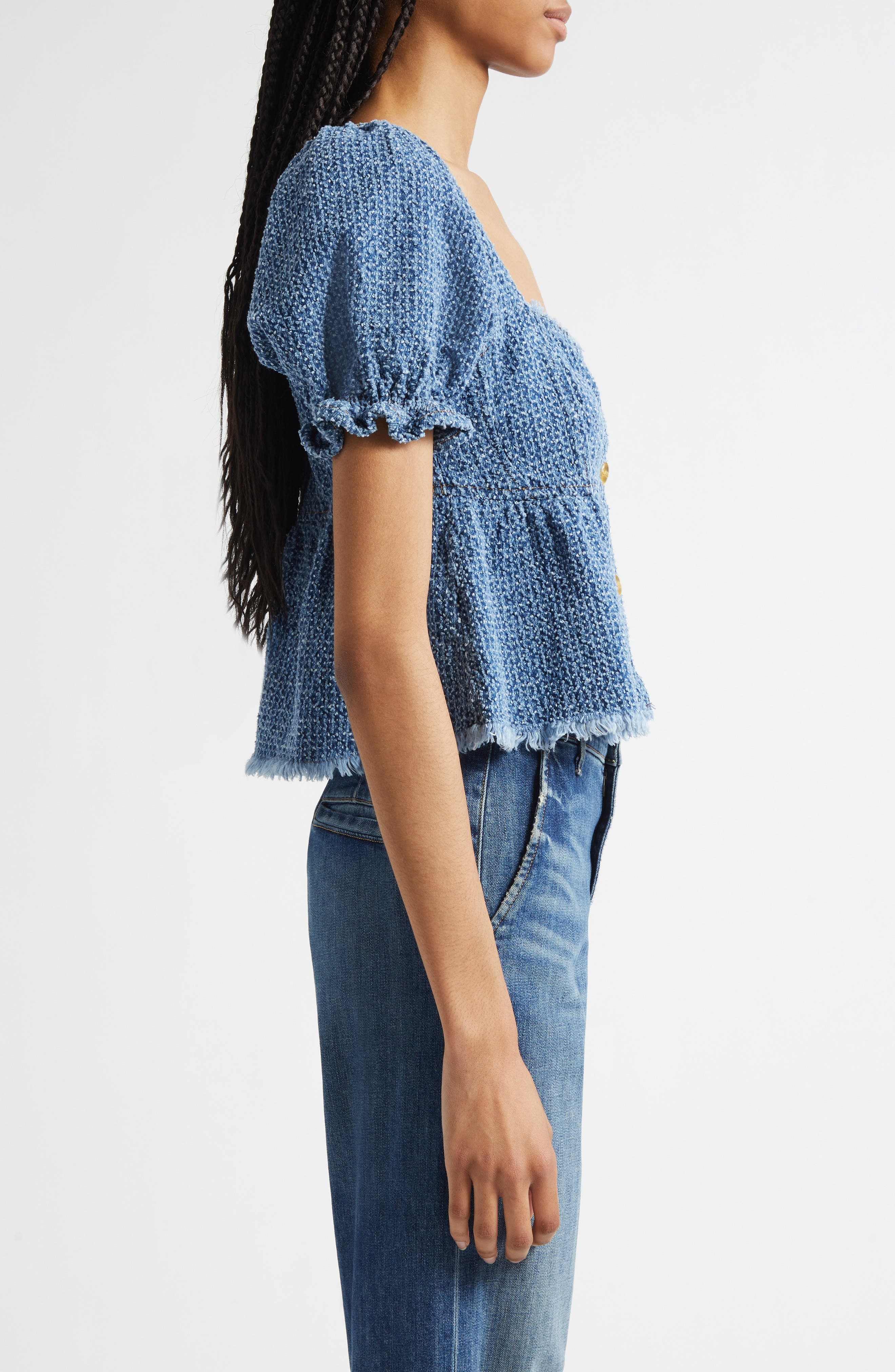 Ganni Fluffy Metallic Denim Top in Mid Blue Stone at Nordstrom - 3