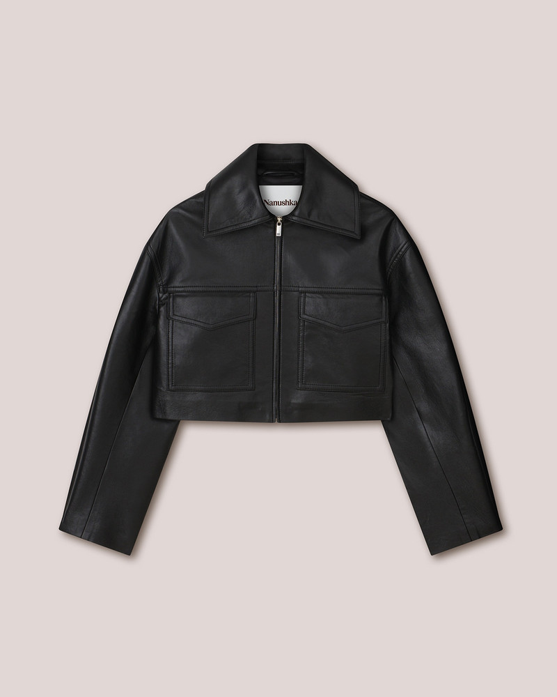 SAPIR - Slim regenerated leather boxxy cropped jacket - Black 1