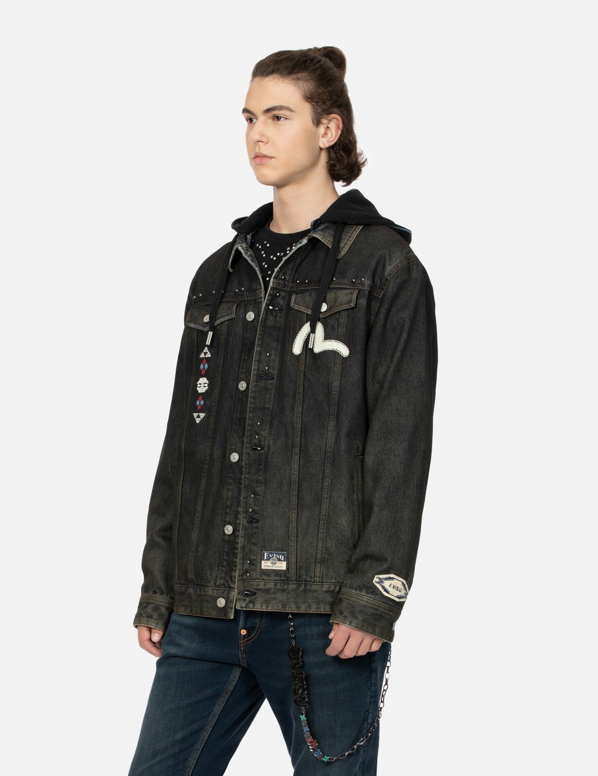 ETHNIC-INSPIRED WHEEL OF WISDOM PRINT AND EMBROIDERY RELAX FIT DENIM JACKET - 8