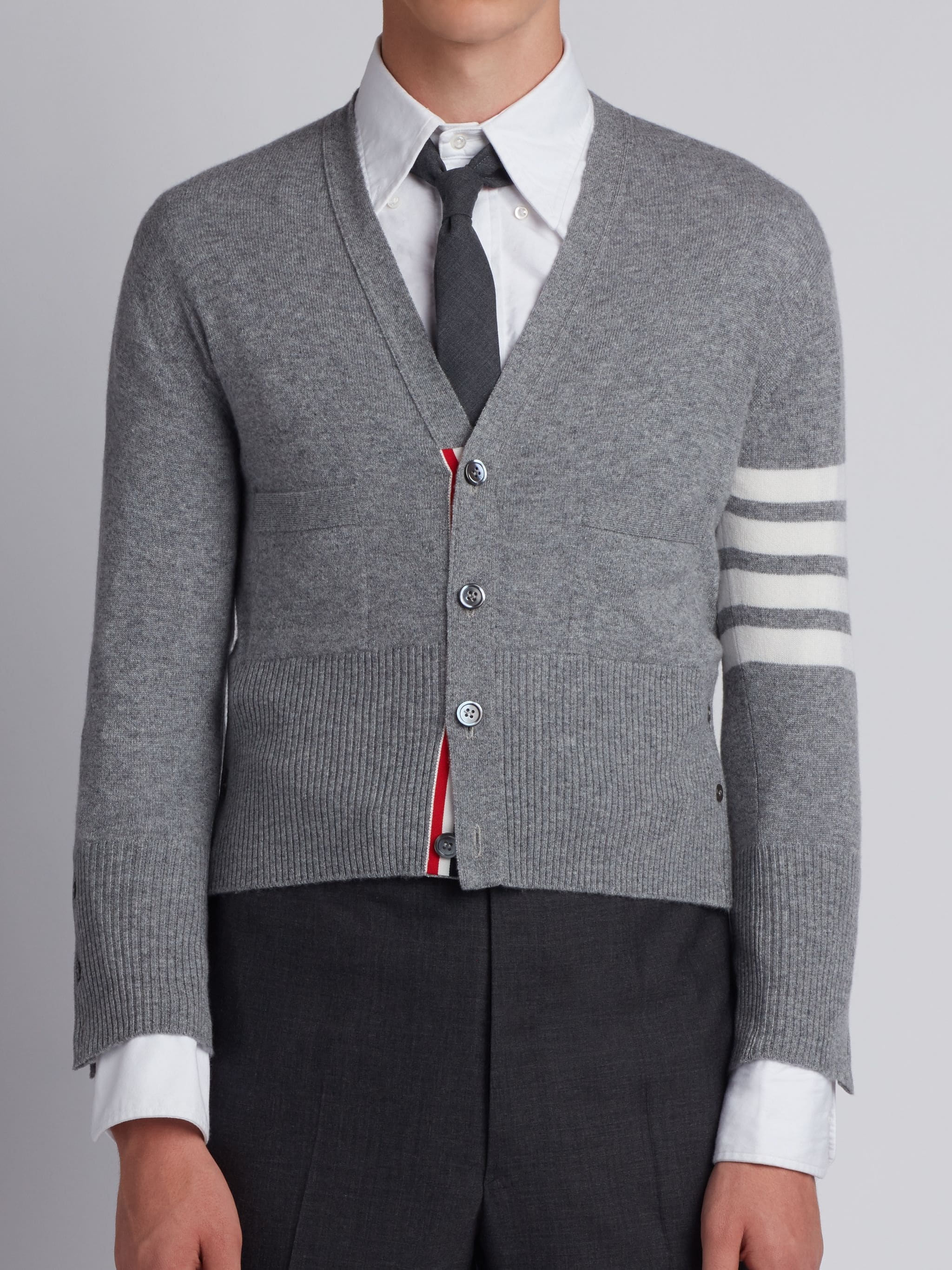 Light Grey Cashmere 4-bar Short V-neck Cardigan - 1