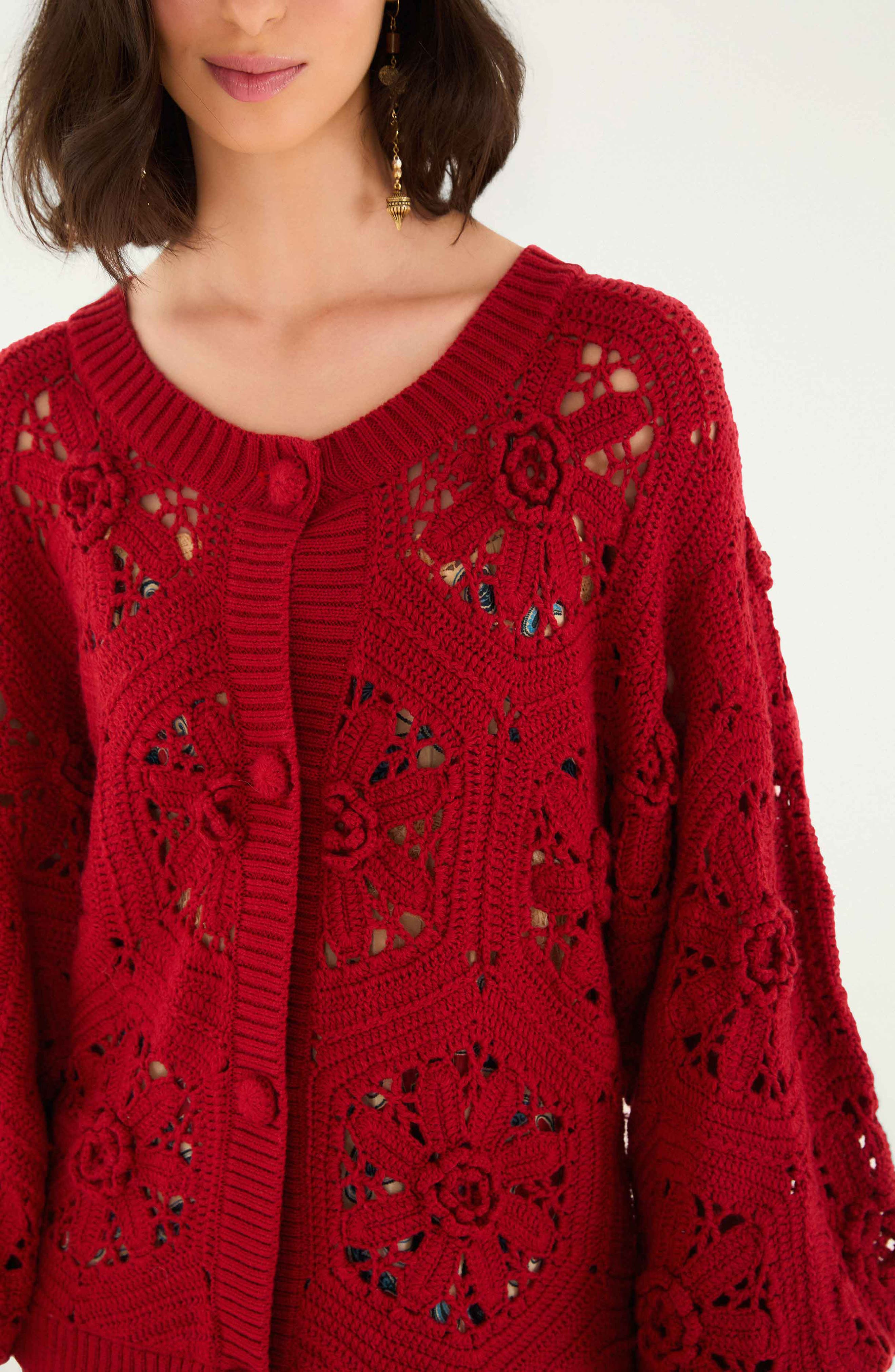 FARM Rio Floral Crochet Cardigan in Red at Nordstrom - 3