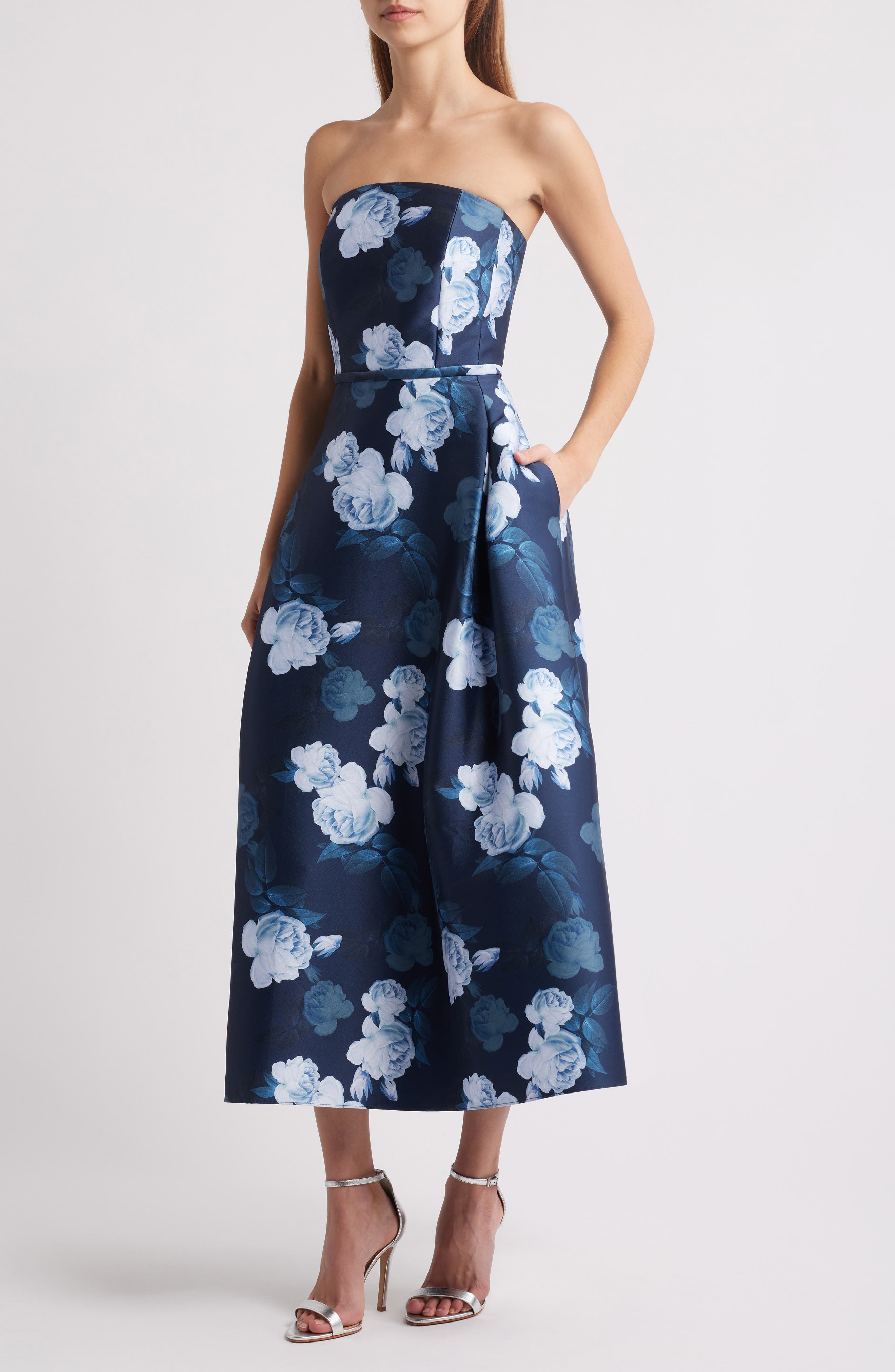Sachin & Babi Shay Floral Strapless Stretch Mikado Cocktail Midi Dress in Midnight Glacial Rose at N - 1
