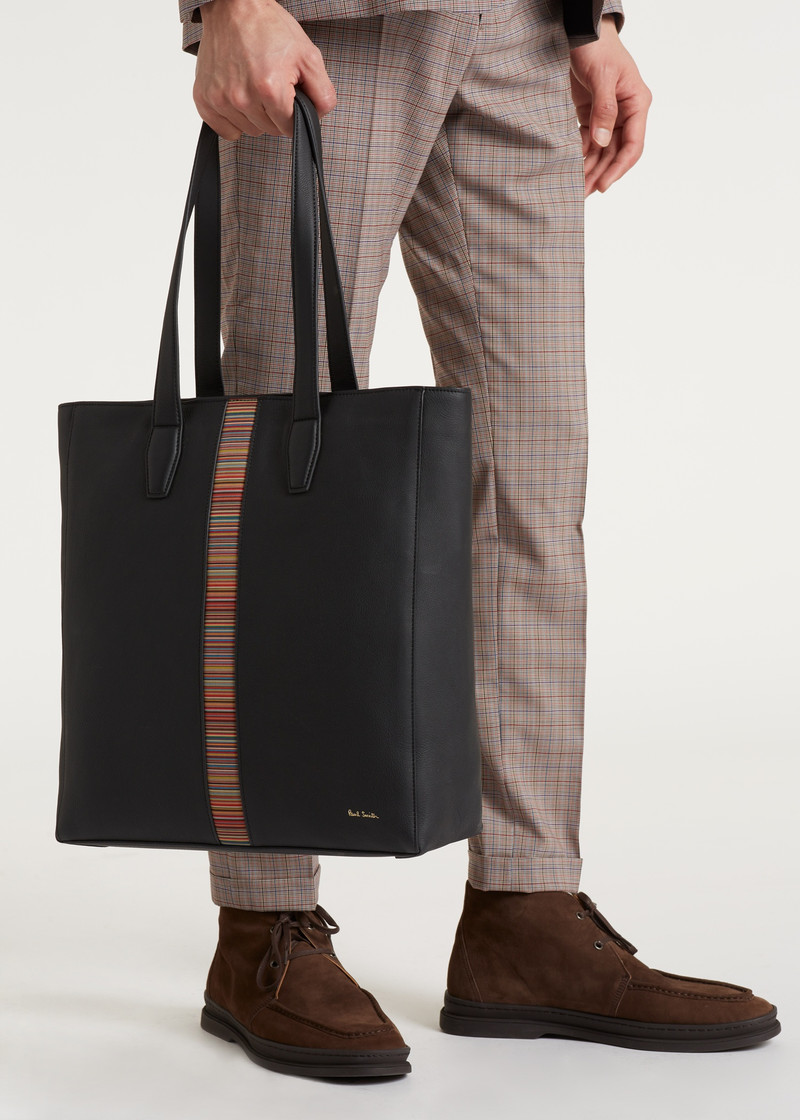 Black Leather 'Signature Stripe' Tote Bag 6